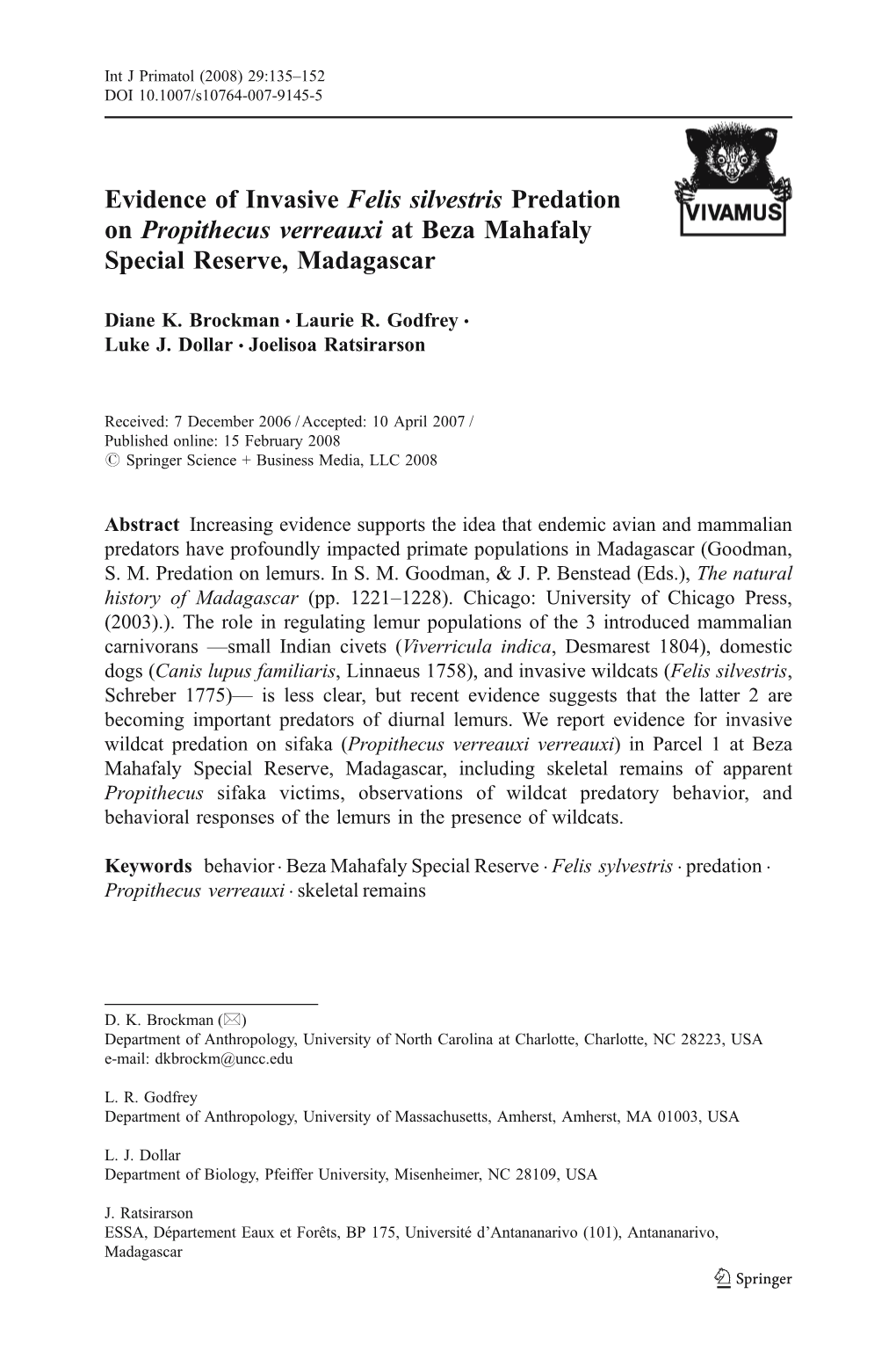 Evidence of Invasive Felis Silvestris Predation on Propithecus Verreauxi at Beza Mahafaly Special Reserve, Madagascar