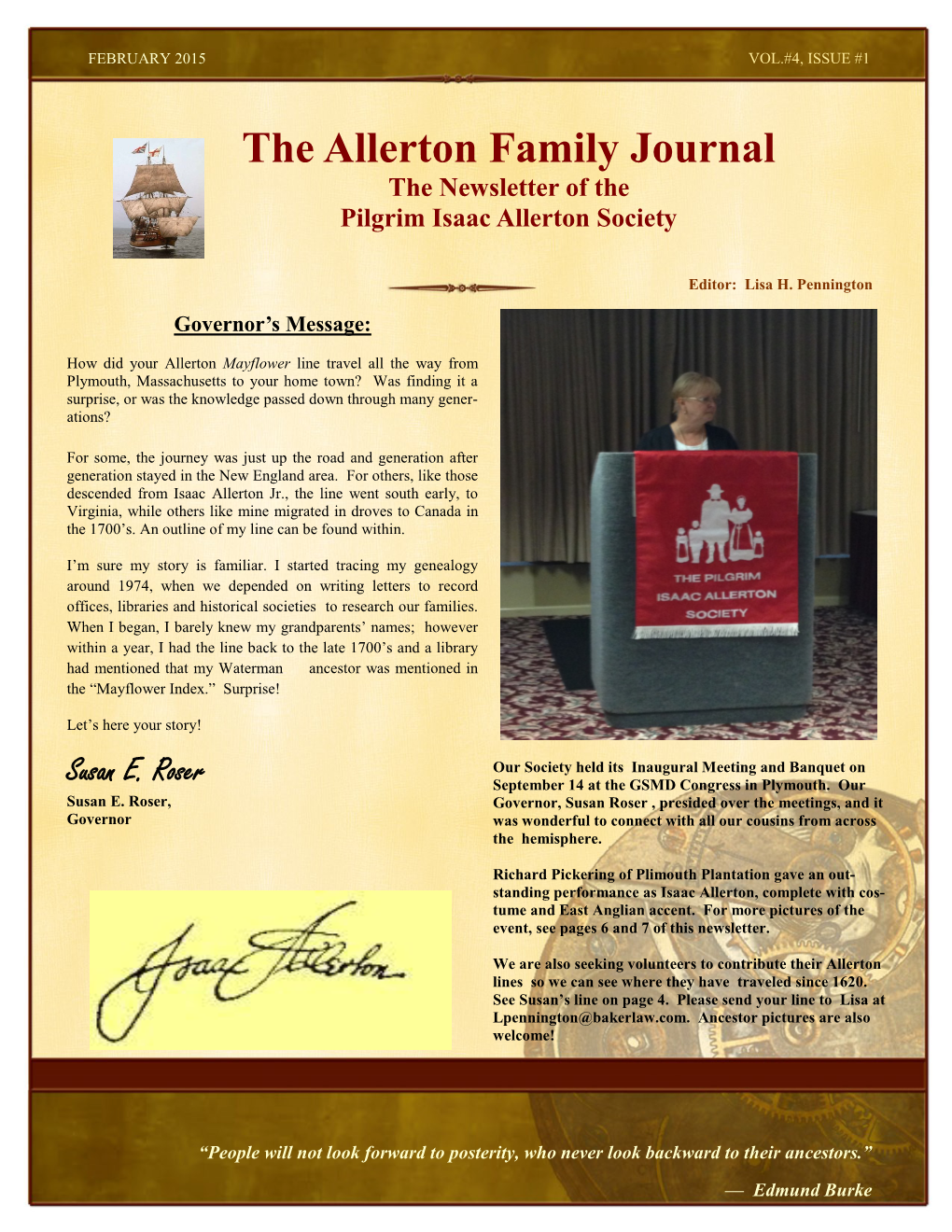 The Allerton Family Journal the Newsletter of the Pilgrim Isaac Allerton Society