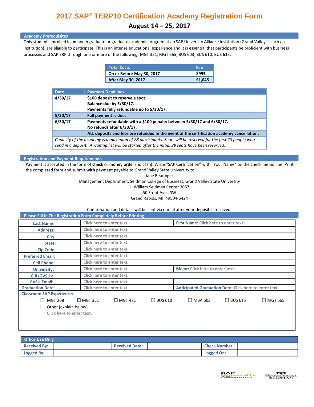 2017 SAP TERP10 Certification Academy Registration Form