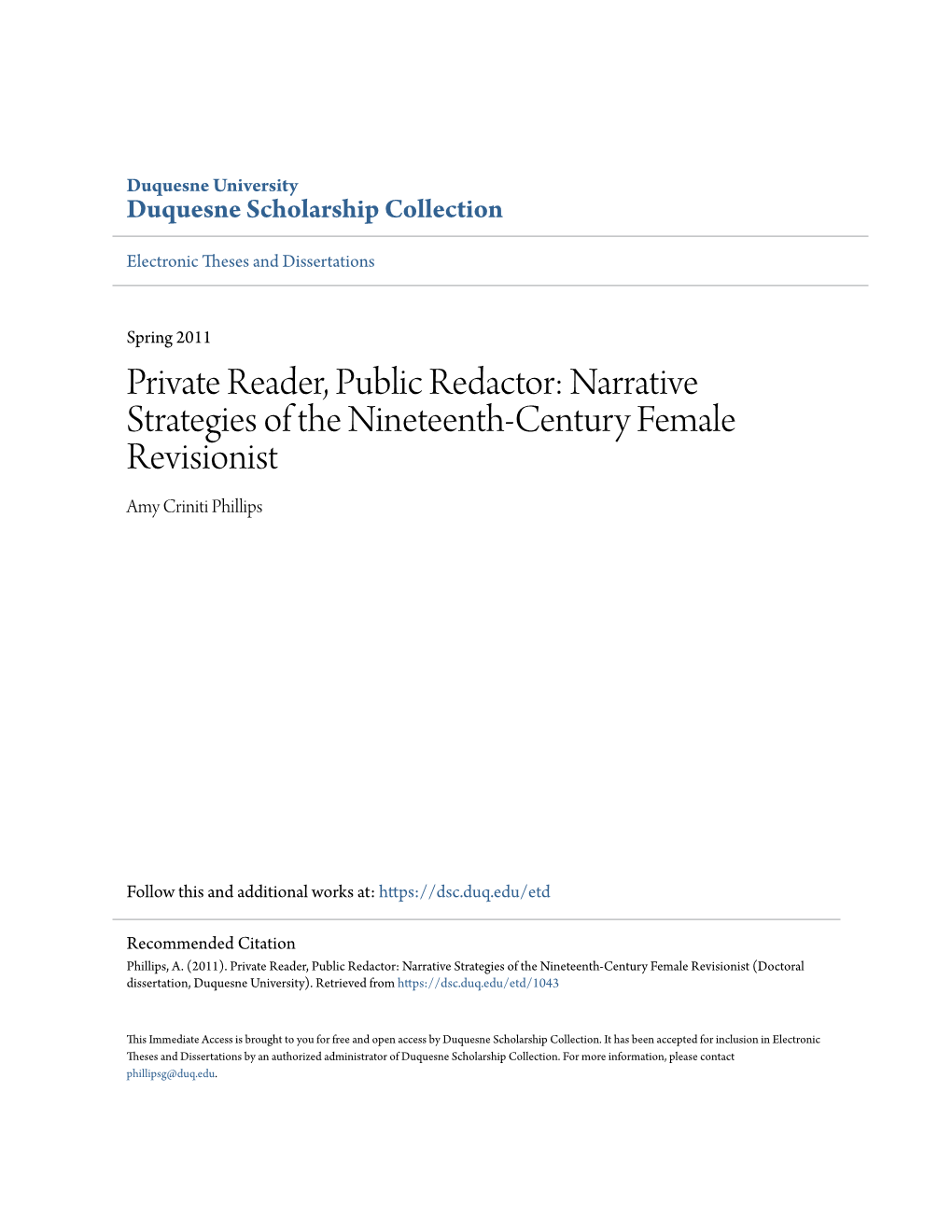 Narrative Strategies of the Nineteenth-Century Female Revisionist Amy Criniti Phillips