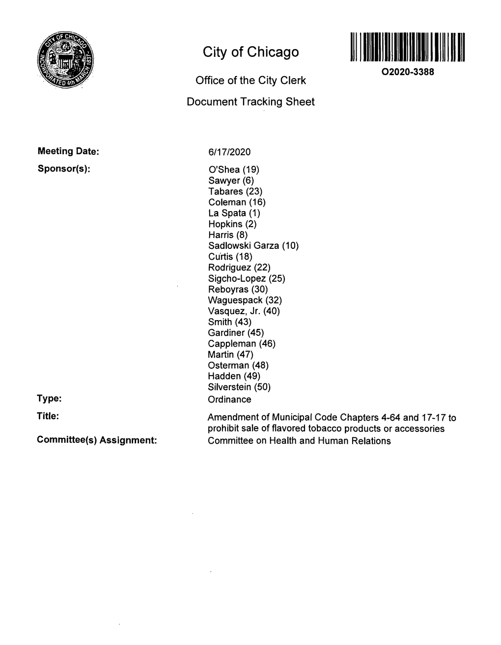 City of Chicago 02020-3388 Office of the City Clerk Document Tracking Sheet