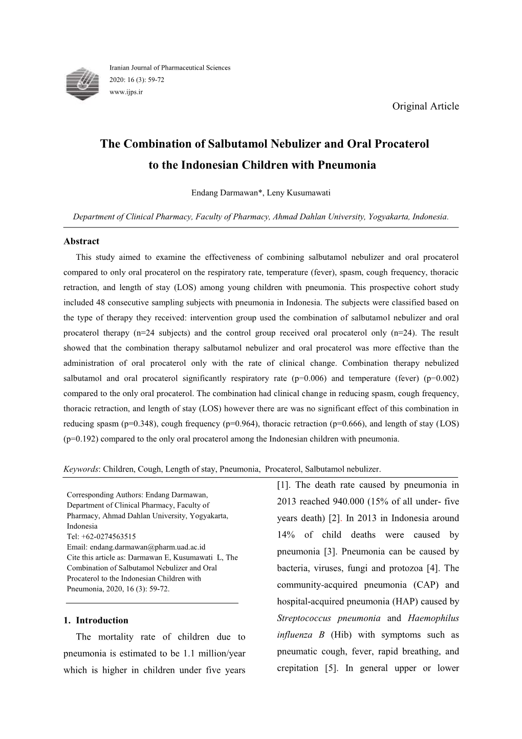 The Combination of Salbutamol Nebulizer and Oral Procaterol to the Indonesian Children with Pneumonia