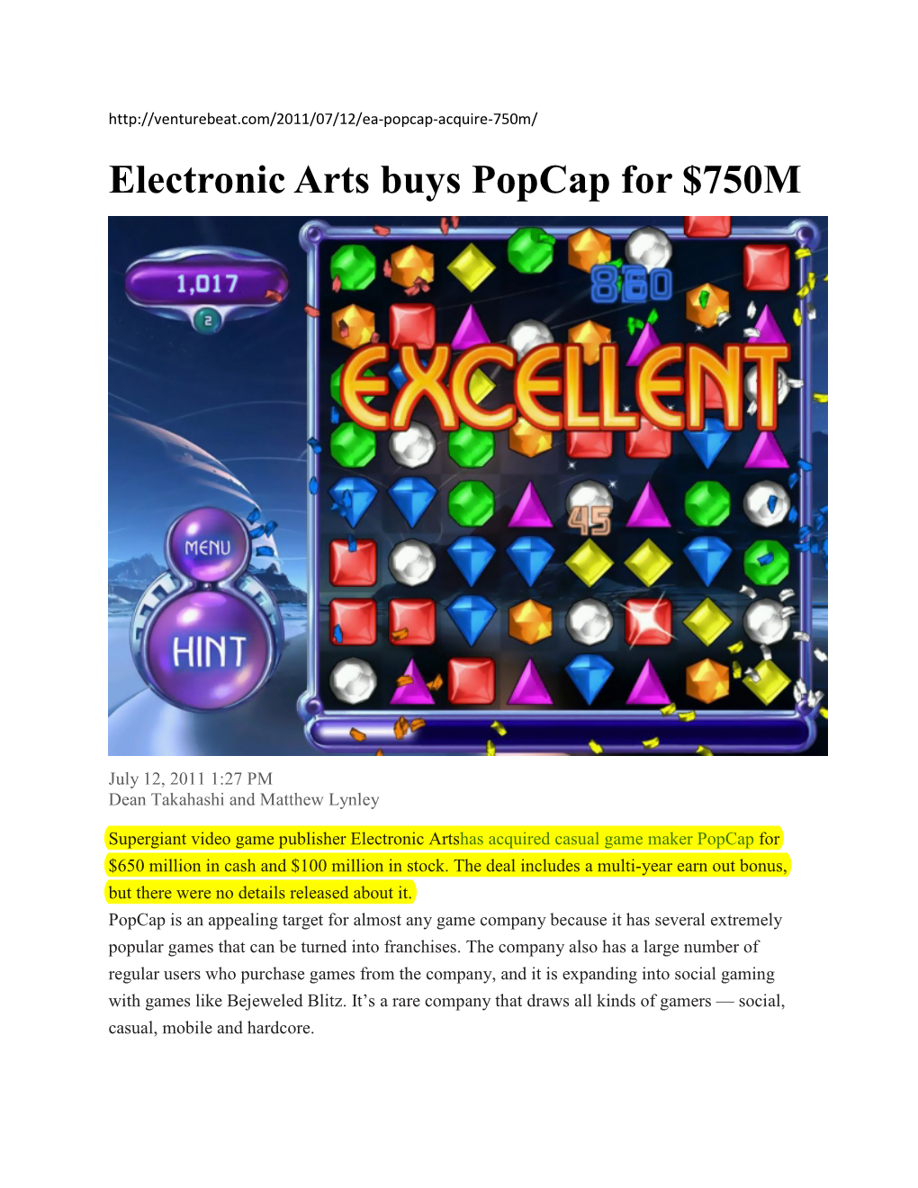 Electronic Arts Buys Popcap for $750M