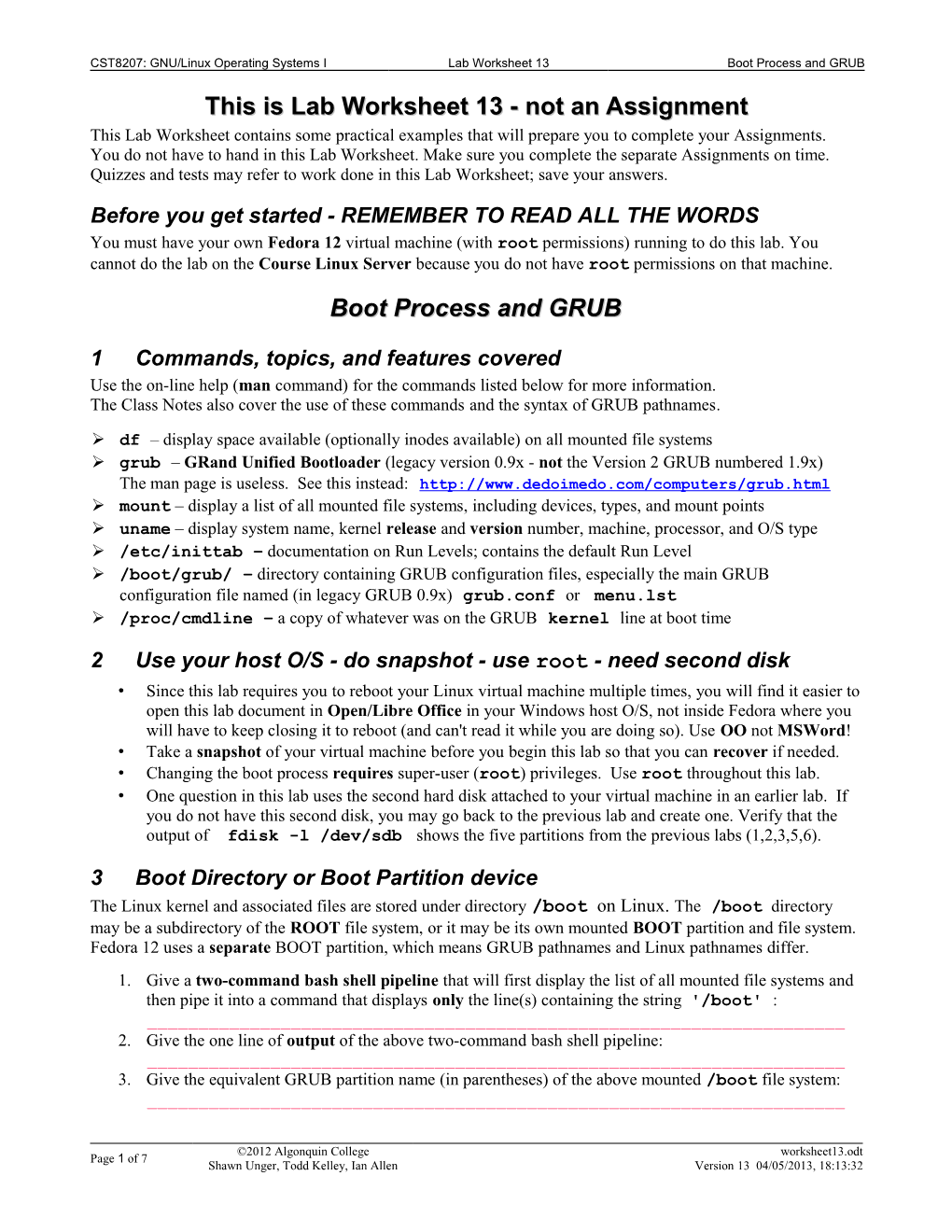 Lab Worksheet 13 Boot Process and GRUB