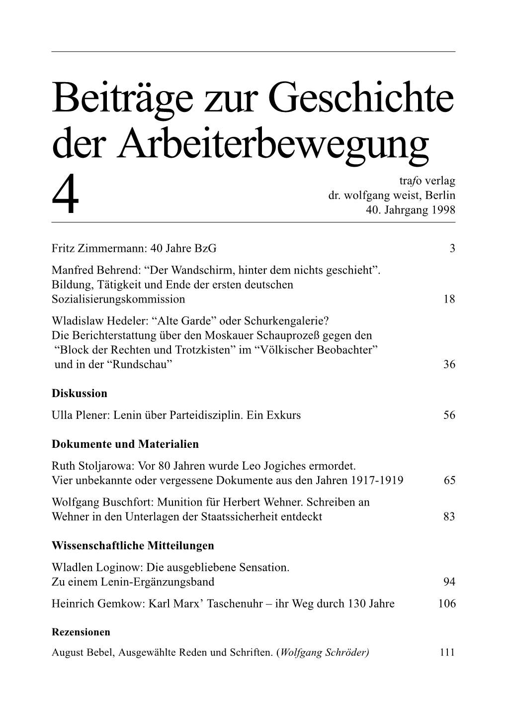 Beiträge Zur Geschichte Der Arbeiterbewegung Trafo Verlag Dr
