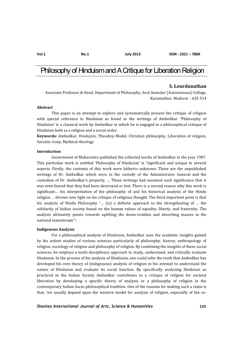 Philosophy of Hinduism and a Critique for Liberation Religion