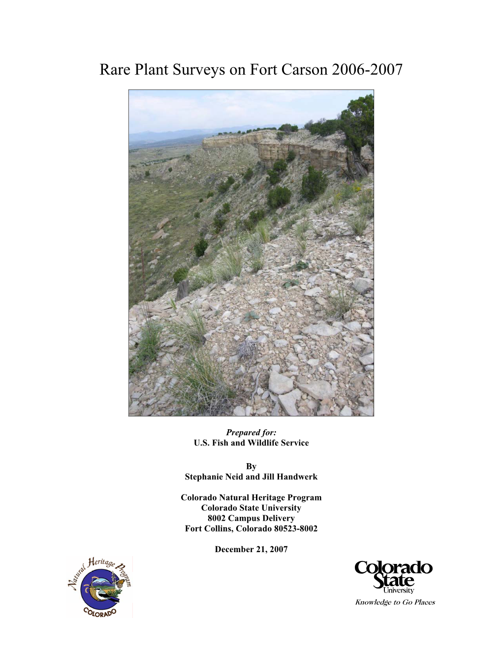 Rare Plant Surveys on Fort Carson Military Reserve 2006-2007