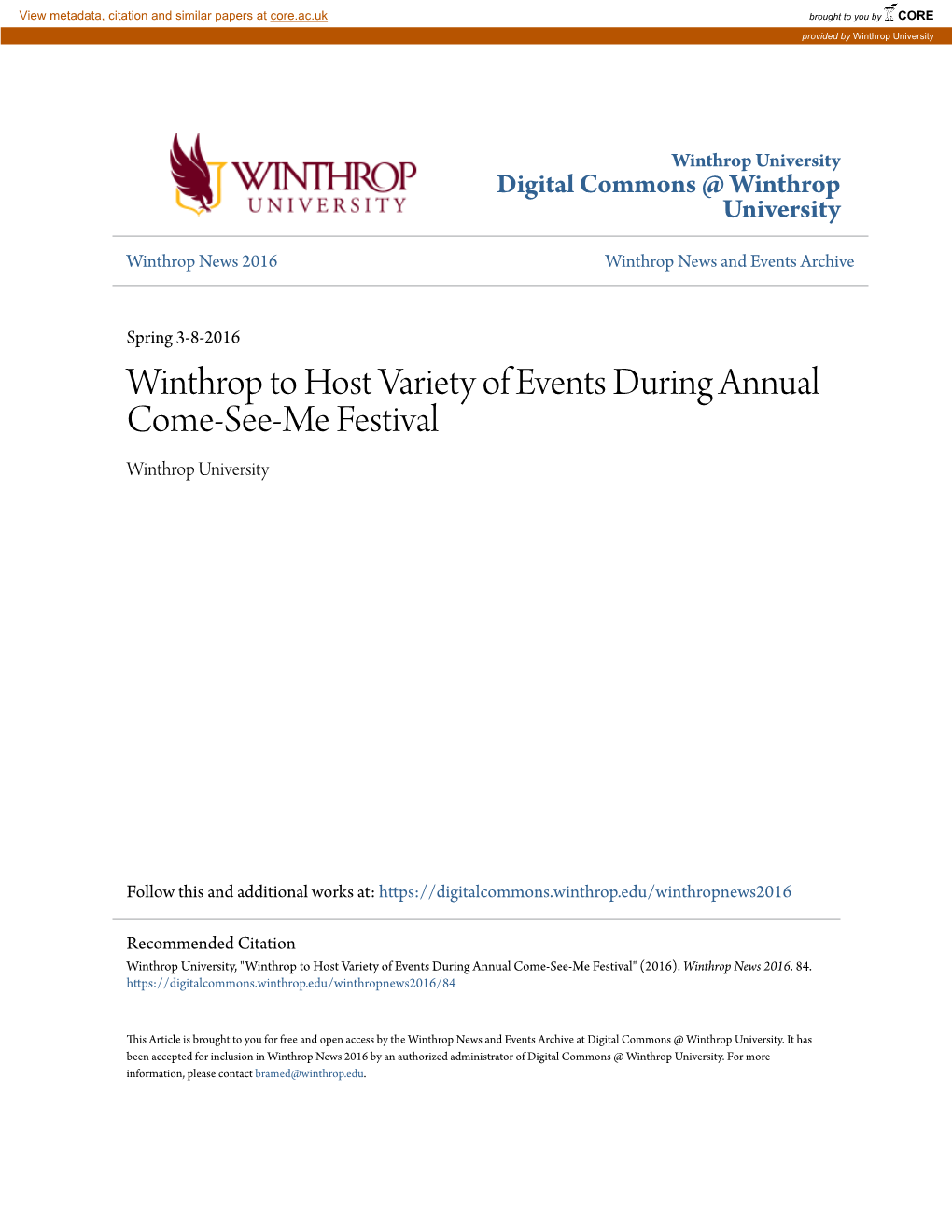Winthrop to Host Variety of Events During Annual Come-See-Me Festival Winthrop University
