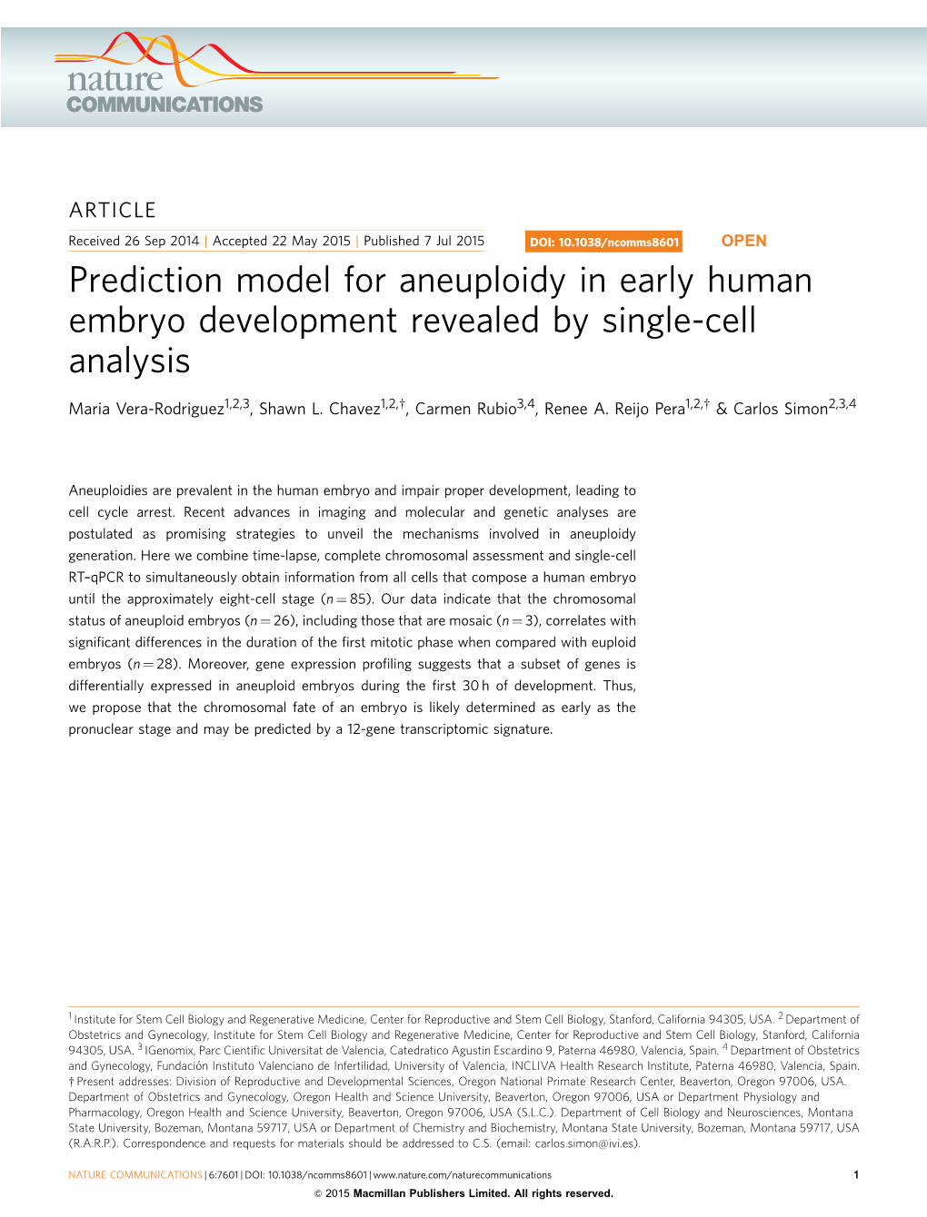 Prediction Model for Aneuploidy in Early Human Embryo Development Revealed by Single-Cell Analysis