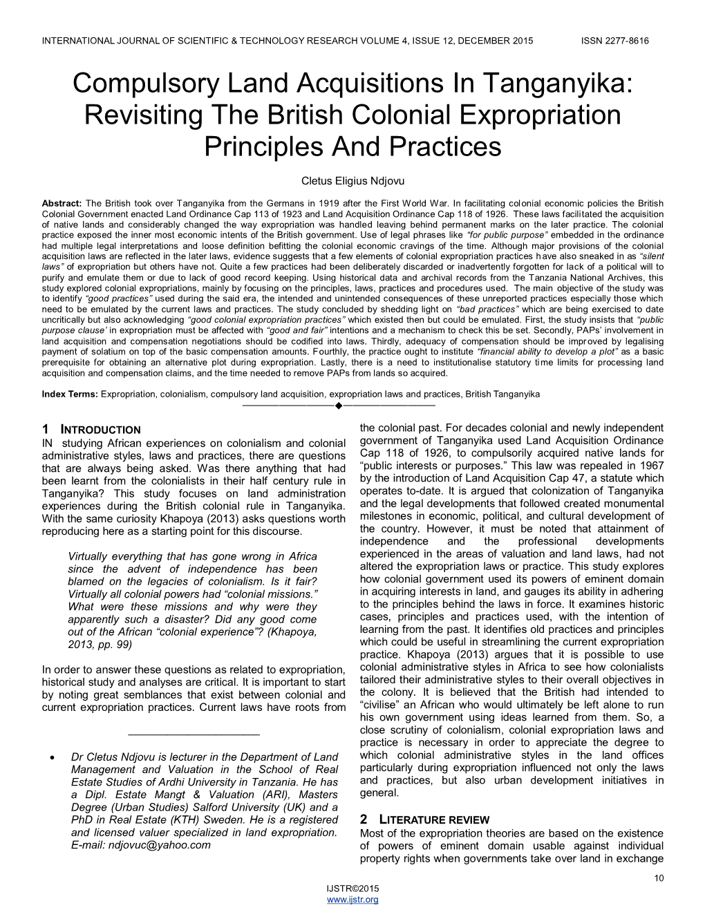 Compulsory Land Acquisitions in Tanganyika: Revisiting the British Colonial Expropriation Principles and Practices