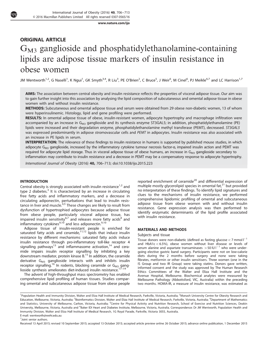 GM3 Ganglioside and Phosphatidylethanolamine-Containing Lipids Are Adipose Tissue Markers of Insulin Resistance in Obese Women