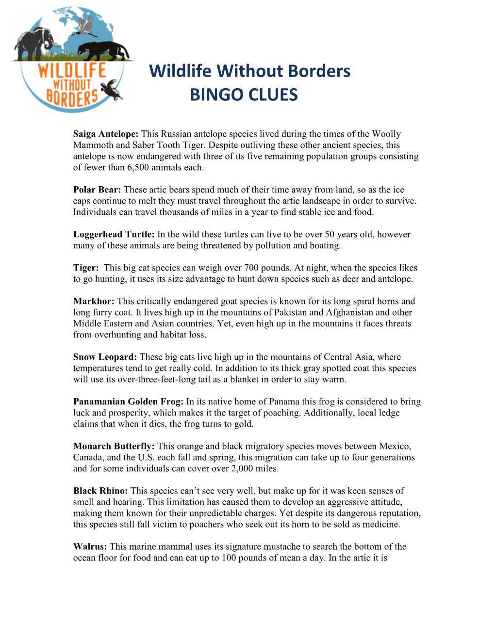 Wildlife Without Borders BINGO CLUES