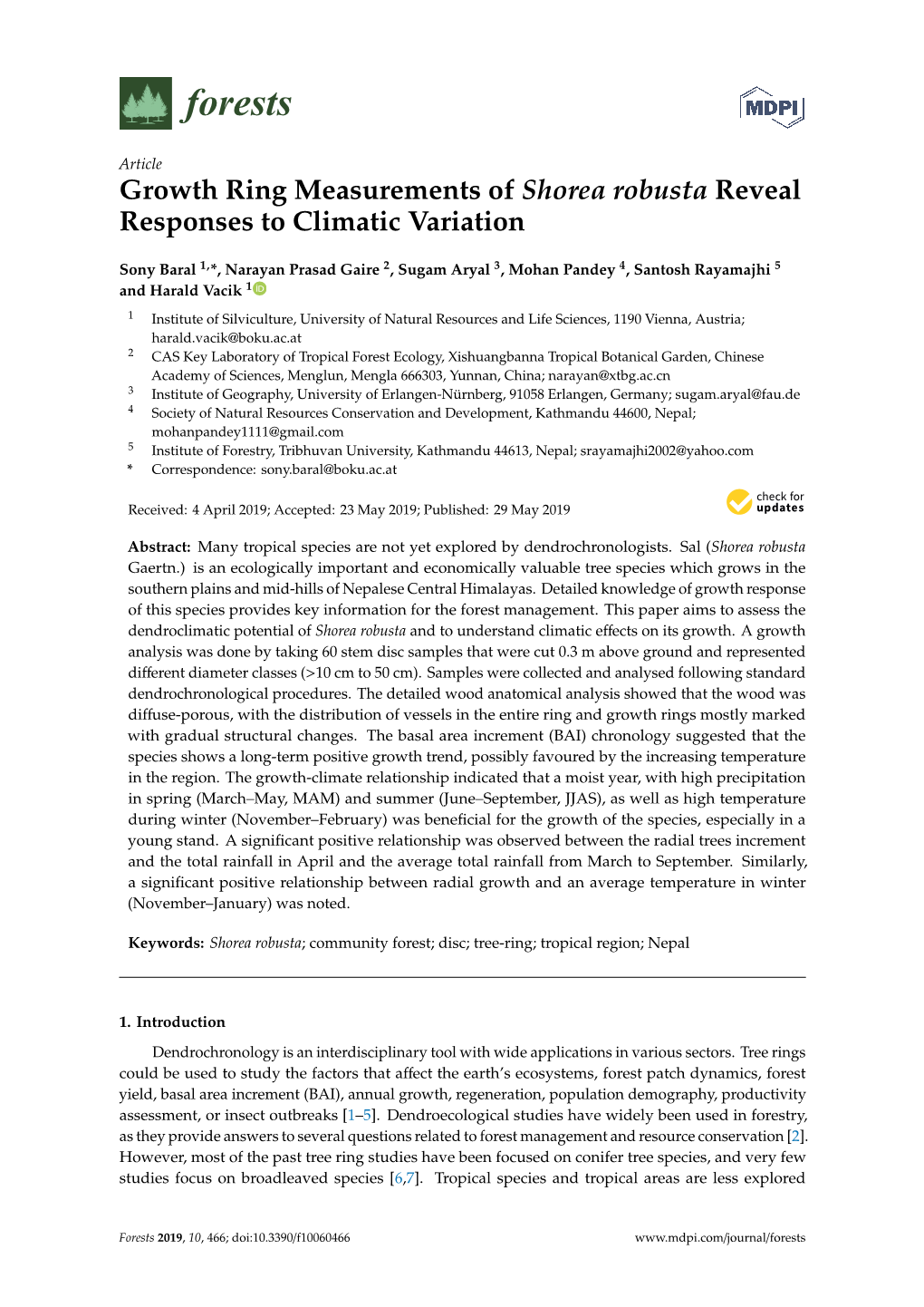 Growth Ring Measurements of Shorea Robusta Reveal Responses to Climatic Variation