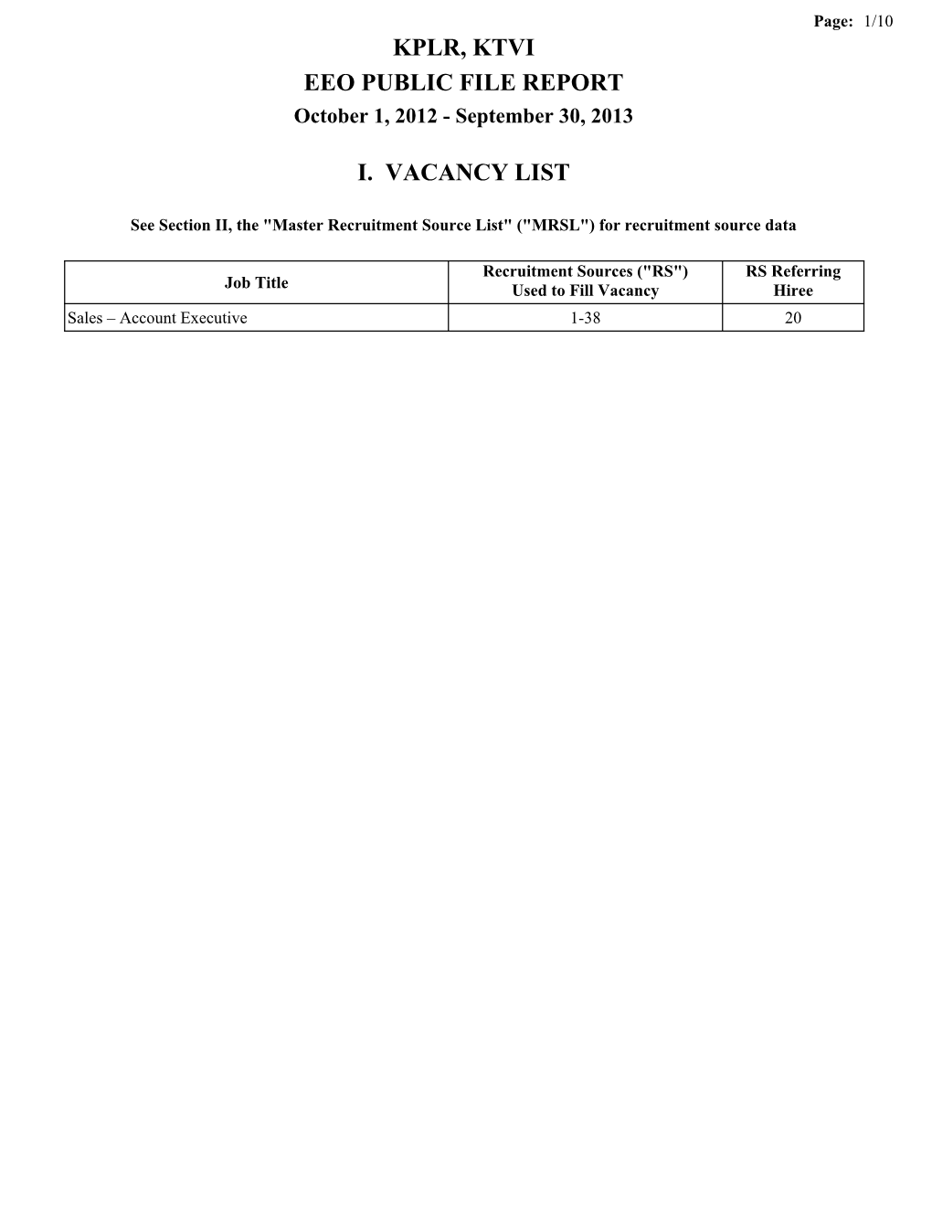 Kplr, Ktvi Eeo Public File Report I. Vacancy List