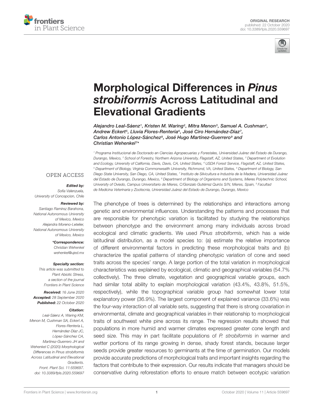 Morphological Differences in Pinus Strobiformis Across Latitudinal and Elevational Gradients