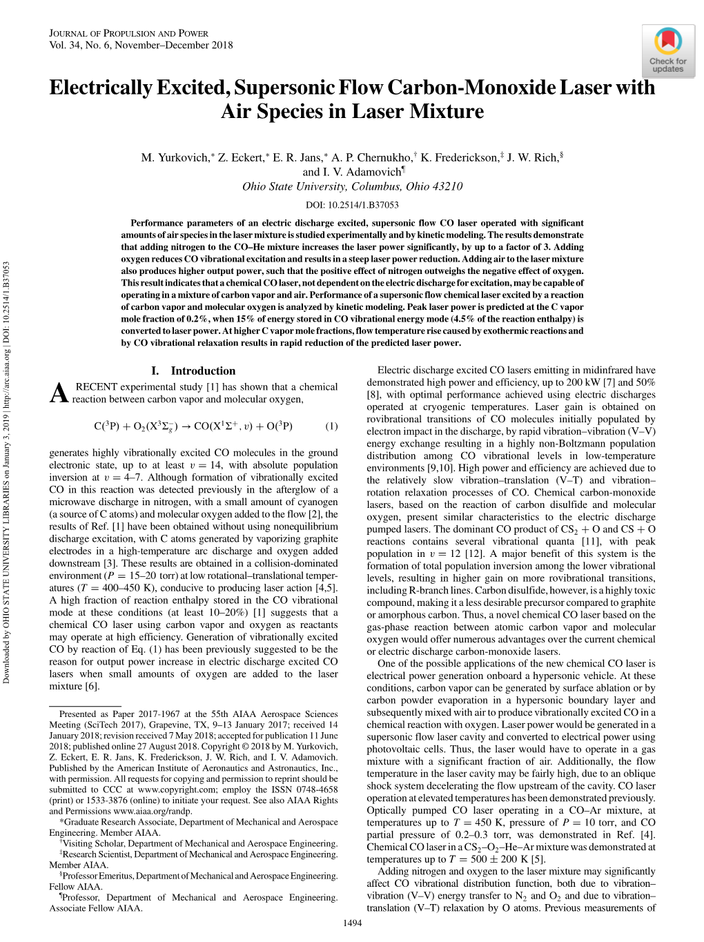 Electrically Excited, Supersonic Flow Carbon-Monoxide Laser with Air Species in Laser Mixture