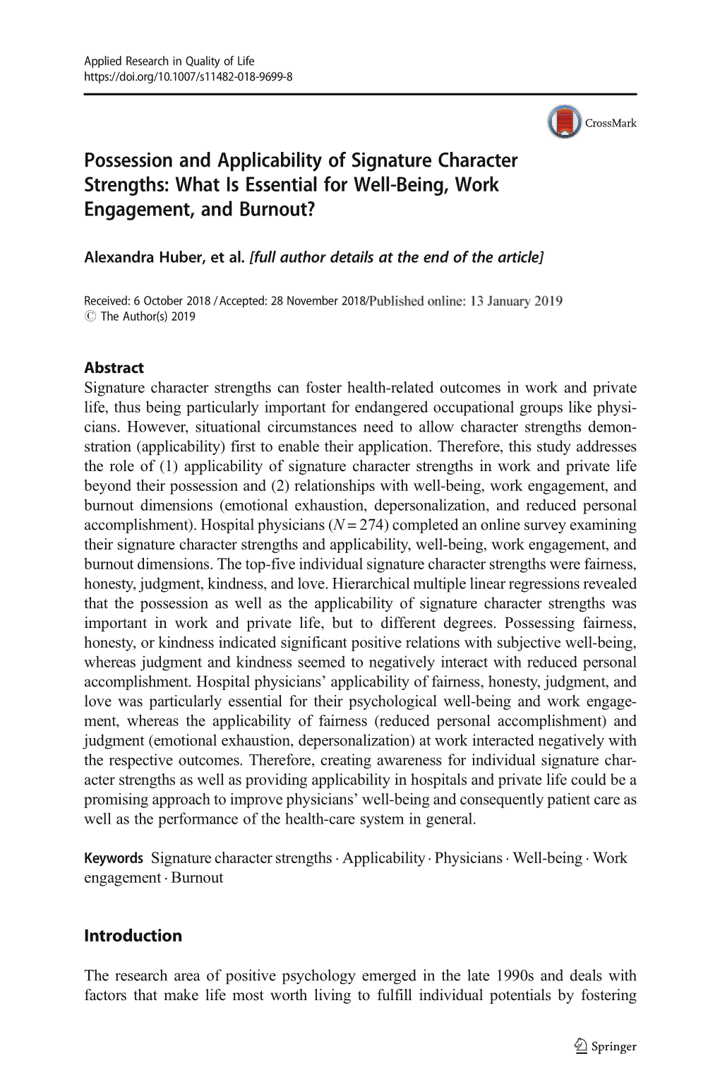 Possession and Applicability of Signature Character Strengths: What Is Essential for Well-Being, Work Engagement, and Burnout?