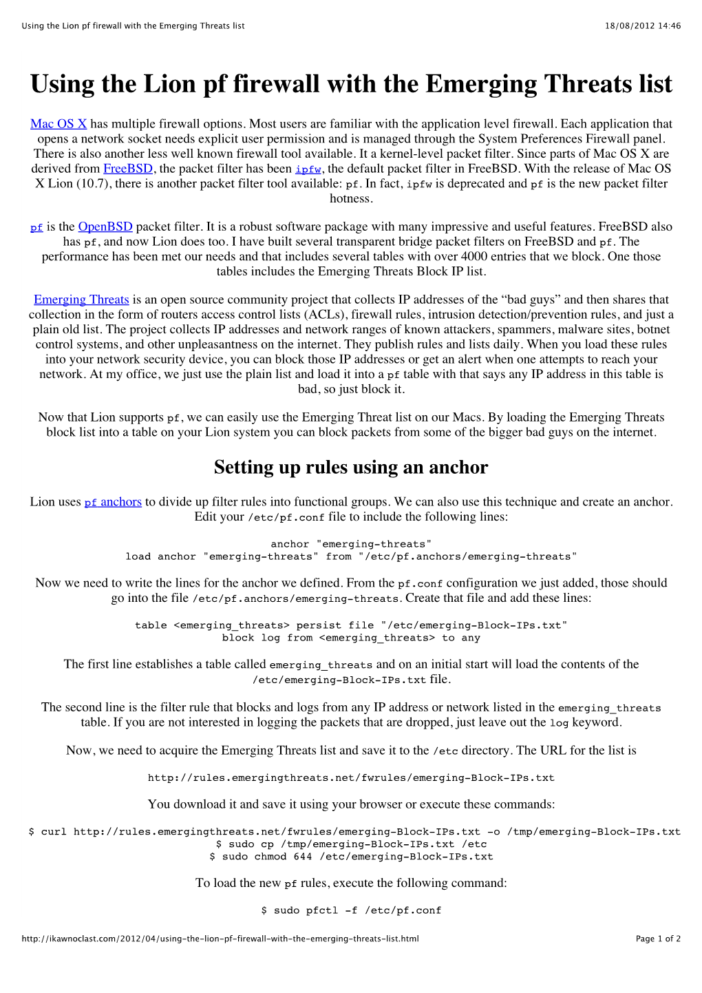 Using the Lion Pf Firewall with the Emerging Threats List 18/08/2012 14:46