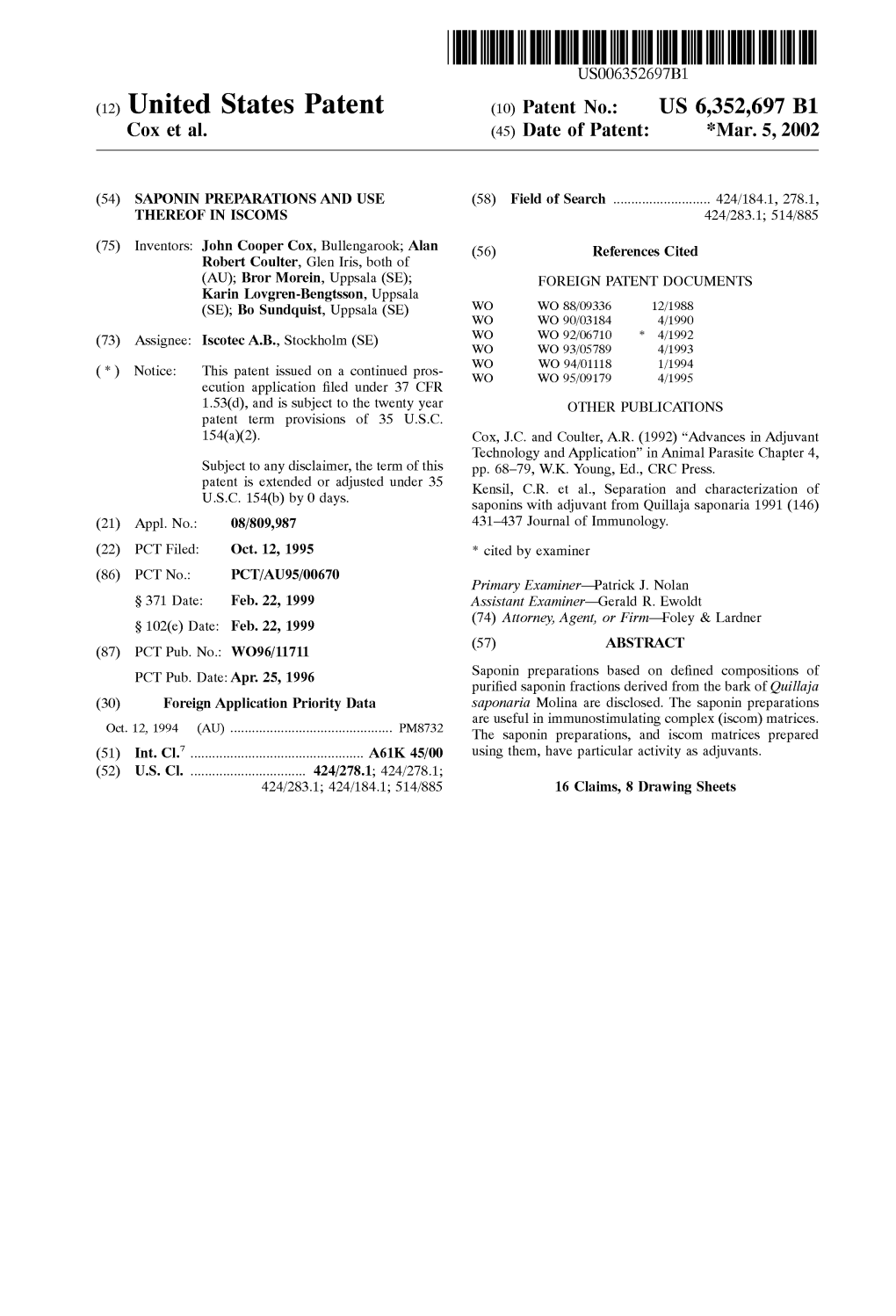 (12) United States Patent (10) Patent No.: US 6,352,697 B1 Cox Et Al