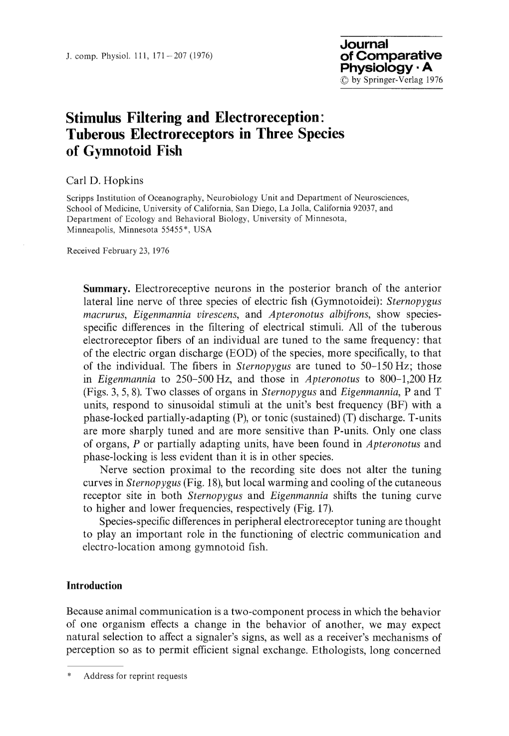 Tuberous Electroreceptors in Three Species of Gymnotoid Fish