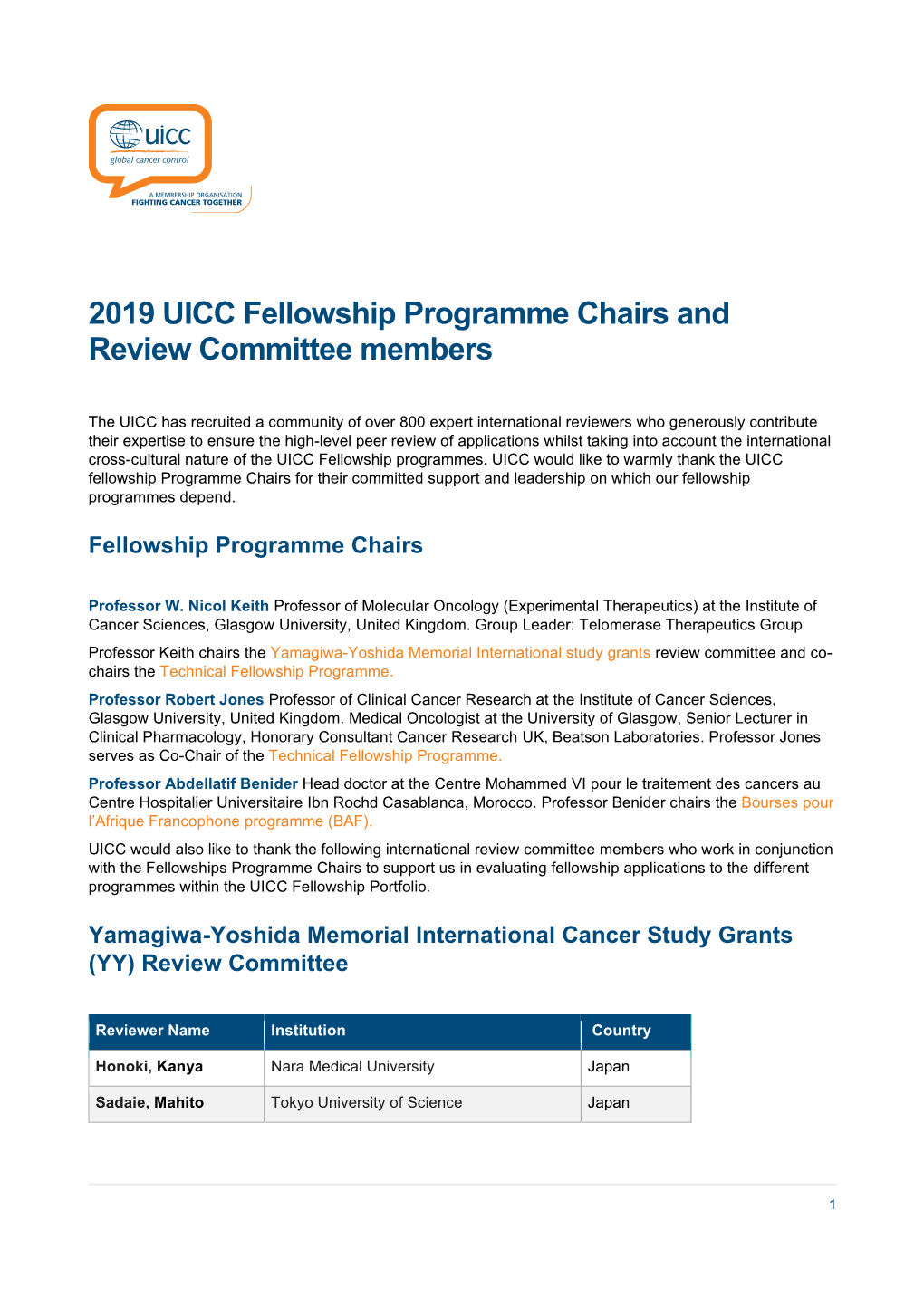 2019 UICC Fellowship Programme Chairs and Review Committee Members