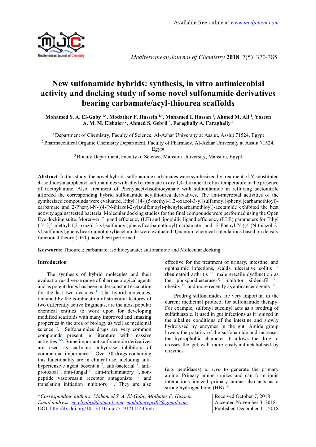 New Sulfonamide Hybrids: Synthesis, in Vitro Antimicrobial Activity and Docking Study of Some Novel Sulfonamide Derivatives Bearing Carbamate/Acyl-Thiourea Scaffolds