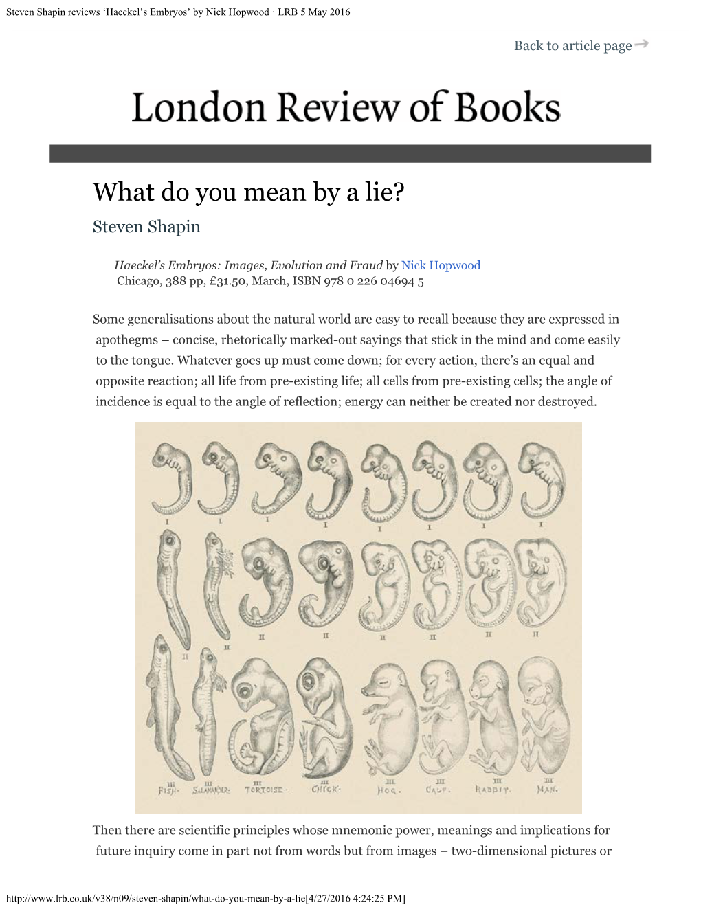 Steven Shapin Reviews 'Haeckel's Embryos' by Nick Hopwood · LRB 5