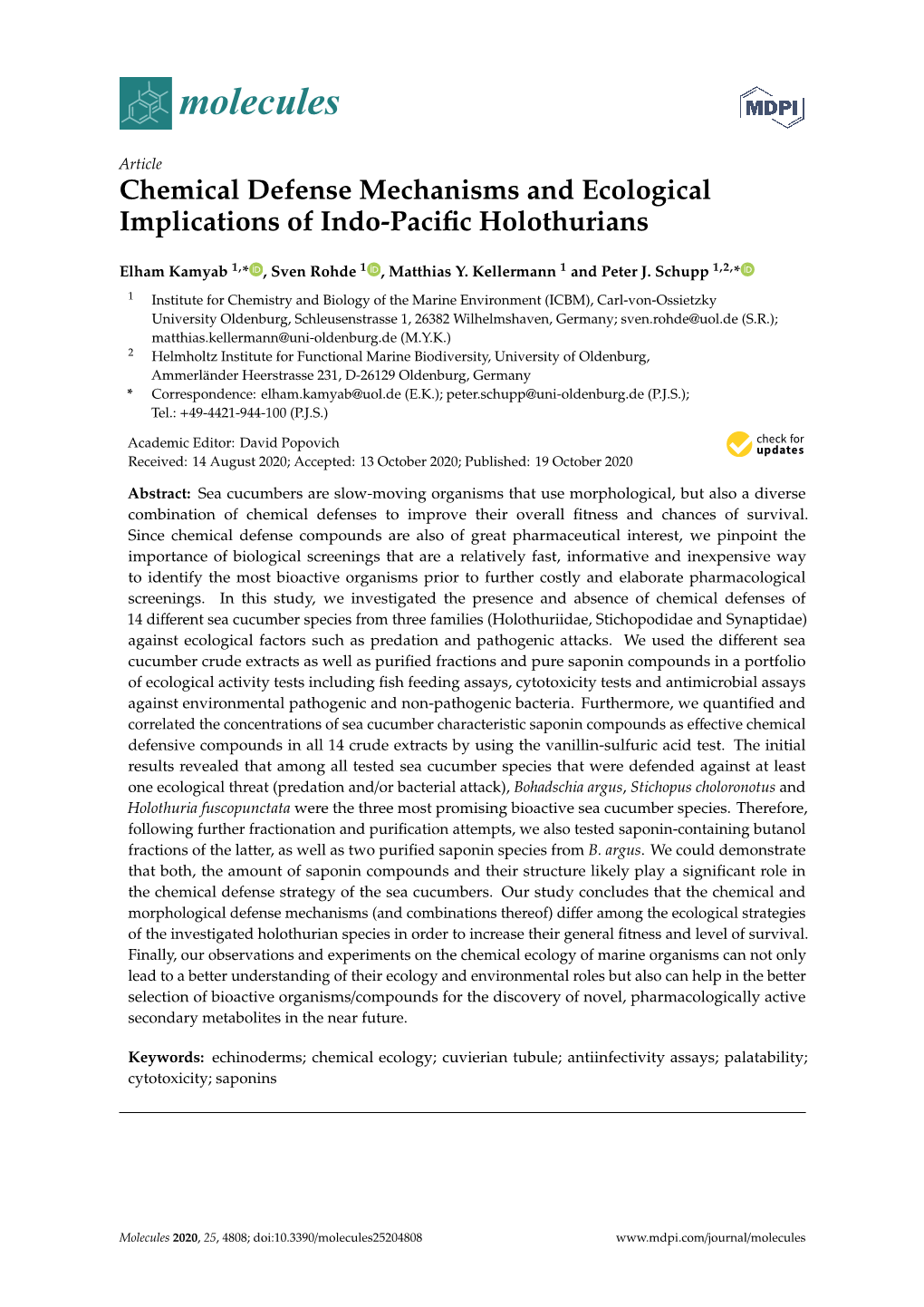 Chemical Defense Mechanisms and Ecological Implications of Indo-Paciﬁc Holothurians