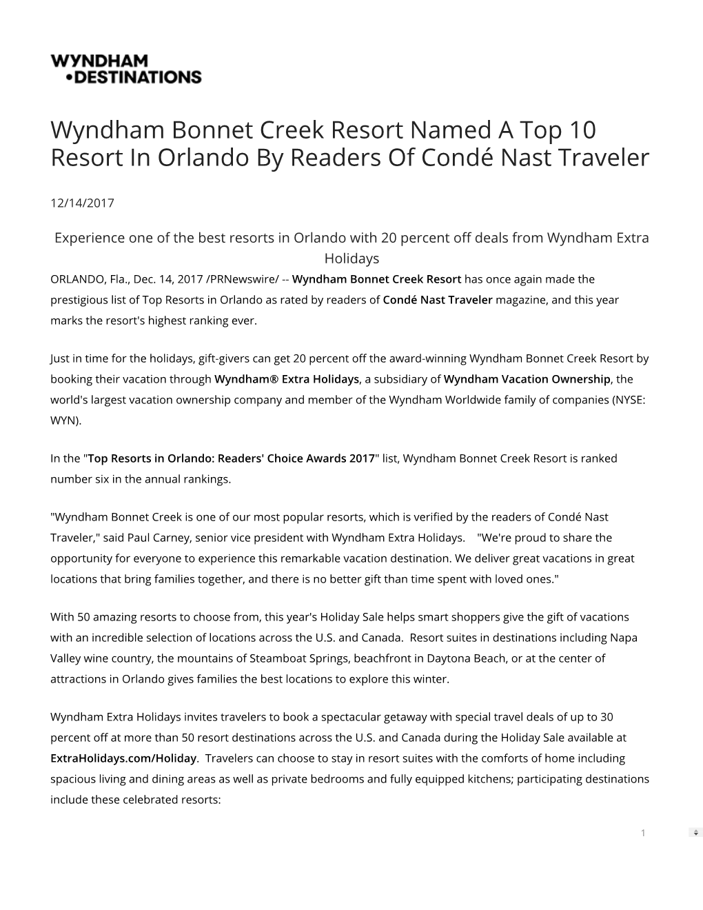 Wyndham Bonnet Creek Resort Named a Top 10 Resort in Orlando by Readers of Condé Nast Traveler