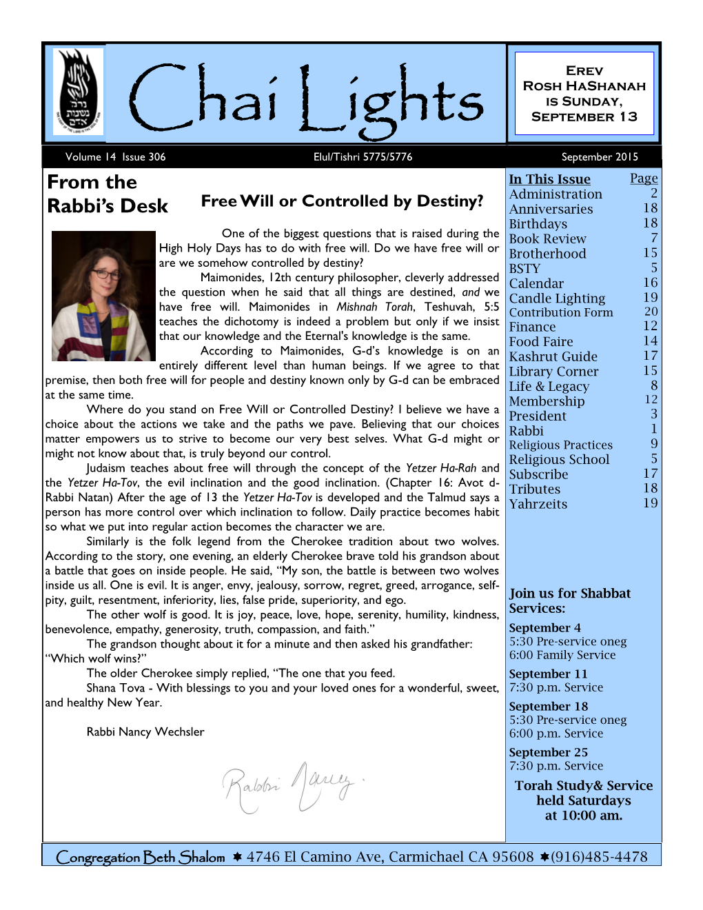 Chai Lights September 13 Volume 14 Issue 306 Elul/Tishri 5775/5776 September 2015