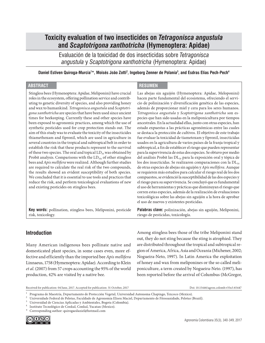 Toxicity Evaluation of Two Insecticides on Tetragonisca Angustula And