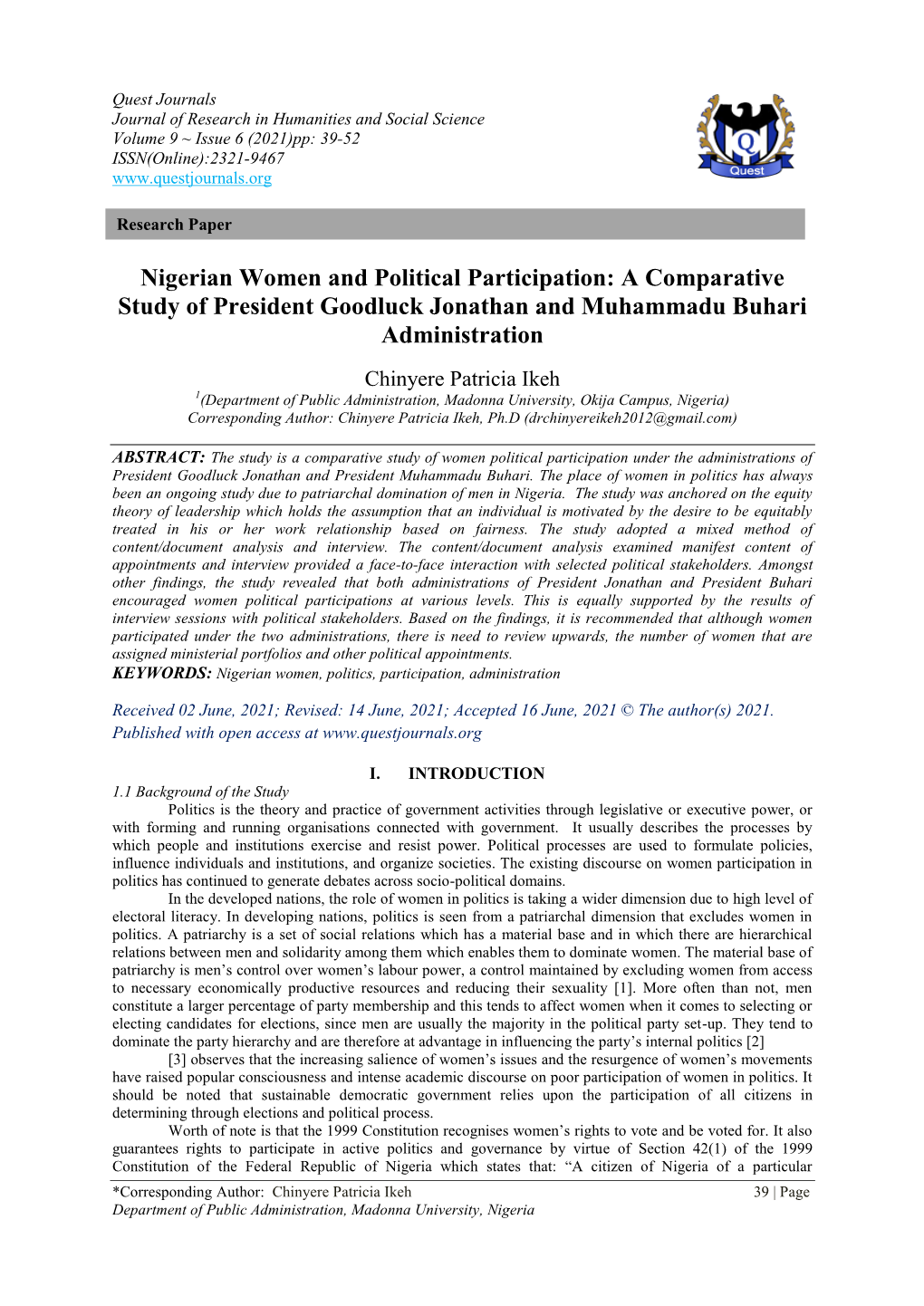 Nigerian Women and Political Participation: a Comparative Study of President Goodluck Jonathan and Muhammadu Buhari Administration