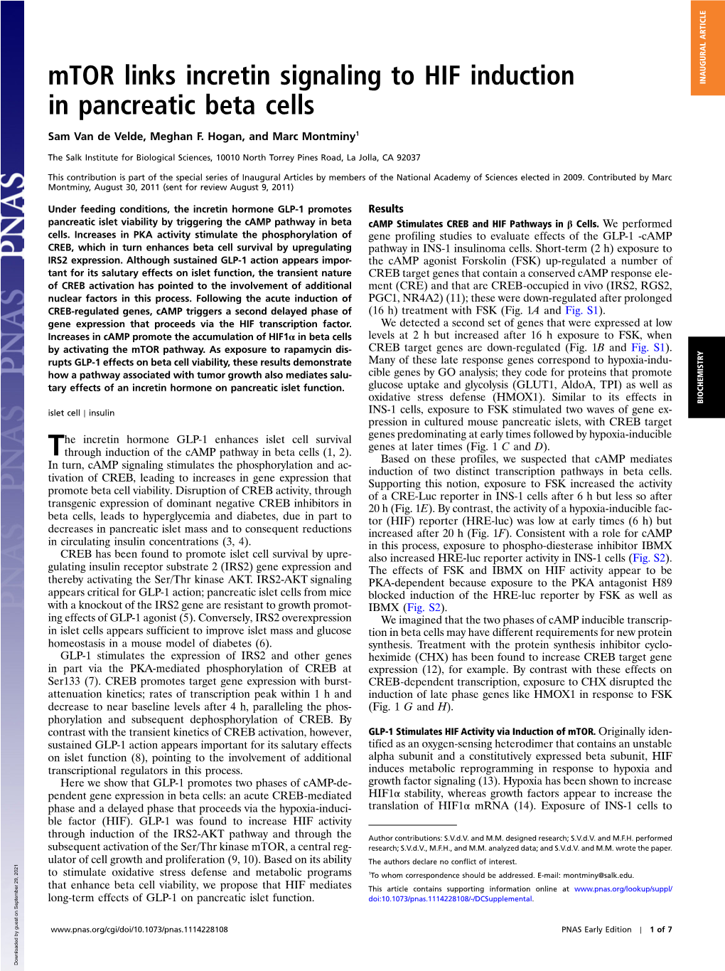 Mtor Links Incretin Signaling to HIF Induction in Pancreatic Beta Cells