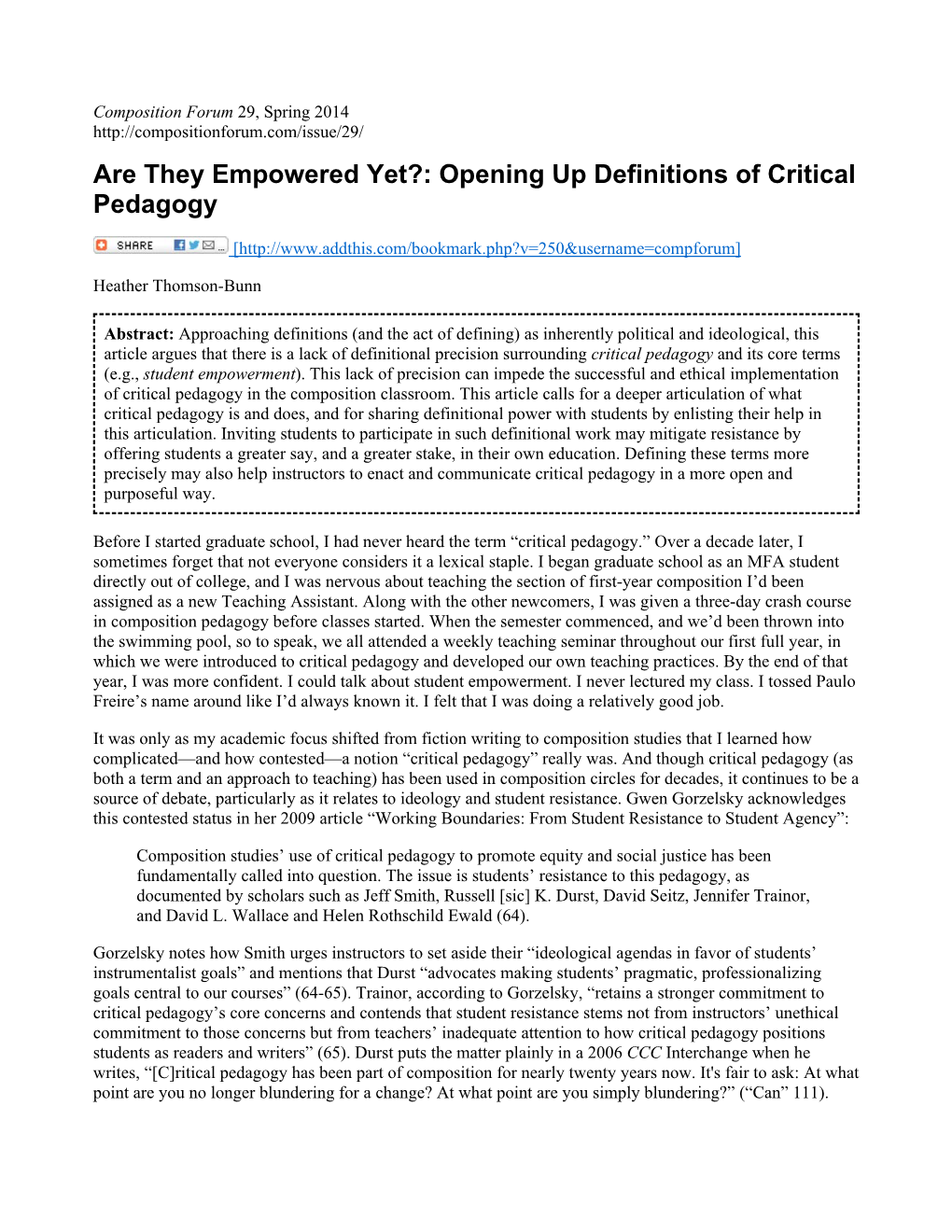 Opening up Definitions of Critical Pedagogy