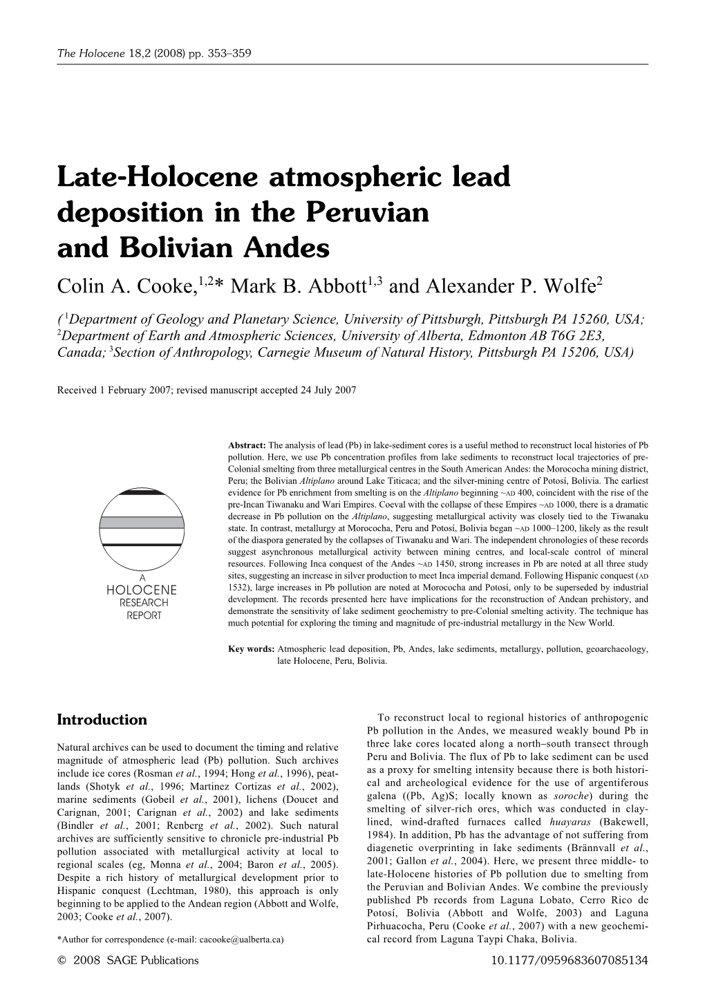 Late-Holocene Atmospheric Lead Deposition in the Peruvian and Bolivian Andes Colin A