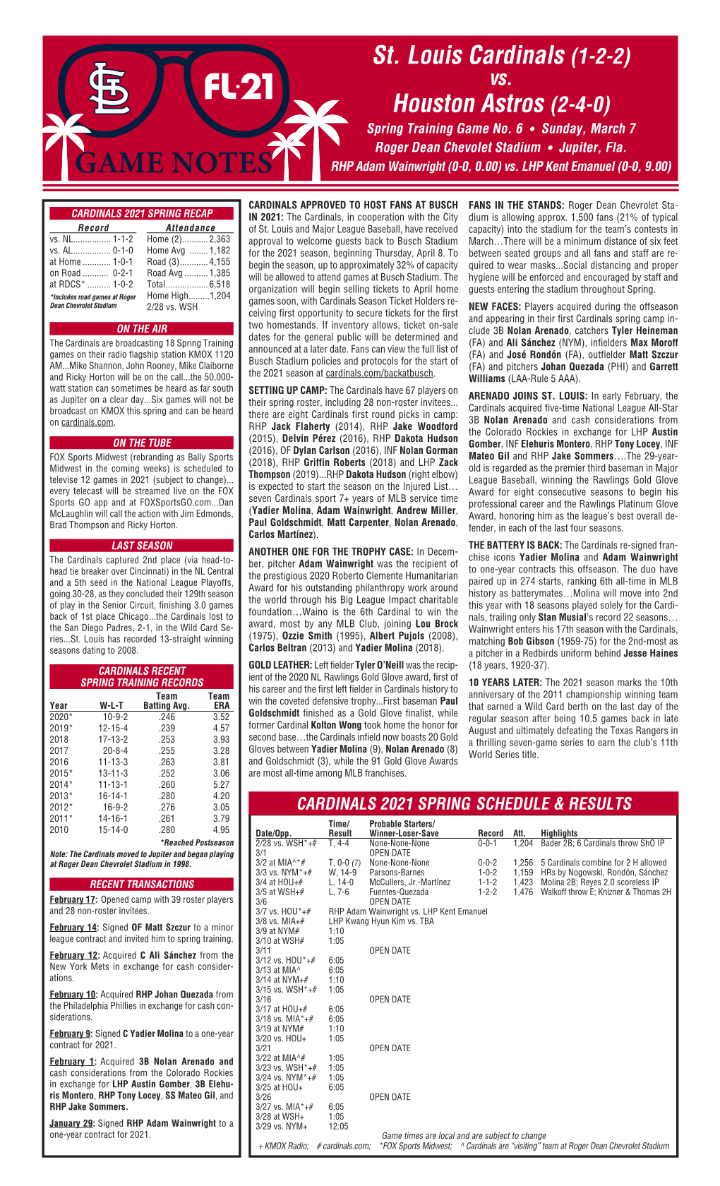 GAME NOTES RHP Adam Wainwright (0-0, 0.00) Vs