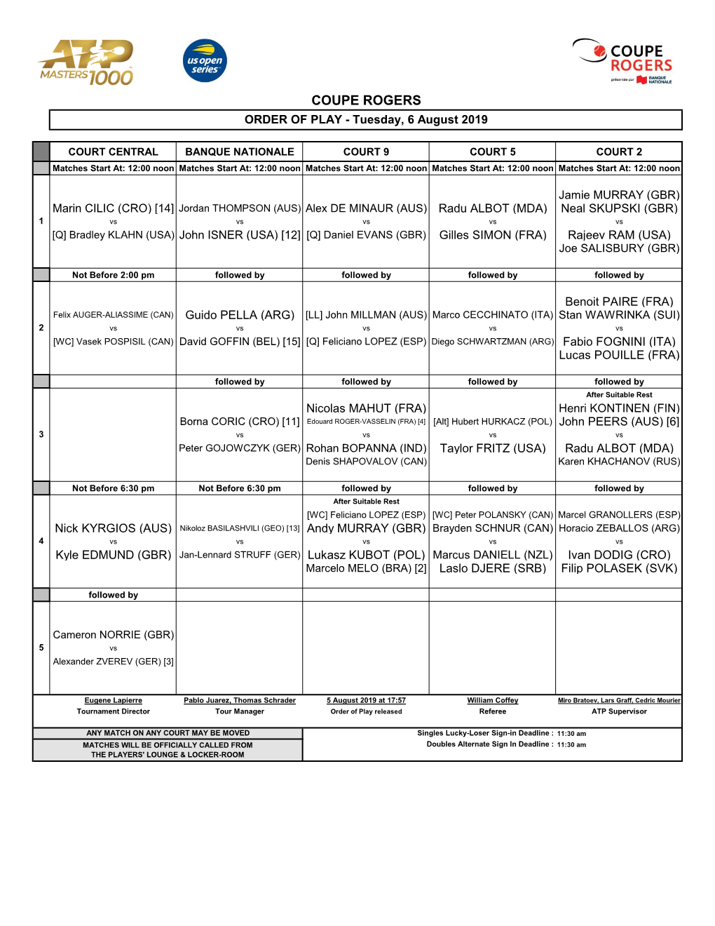 COUPE ROGERS ORDER of PLAY - Tuesday, 6 August 2019