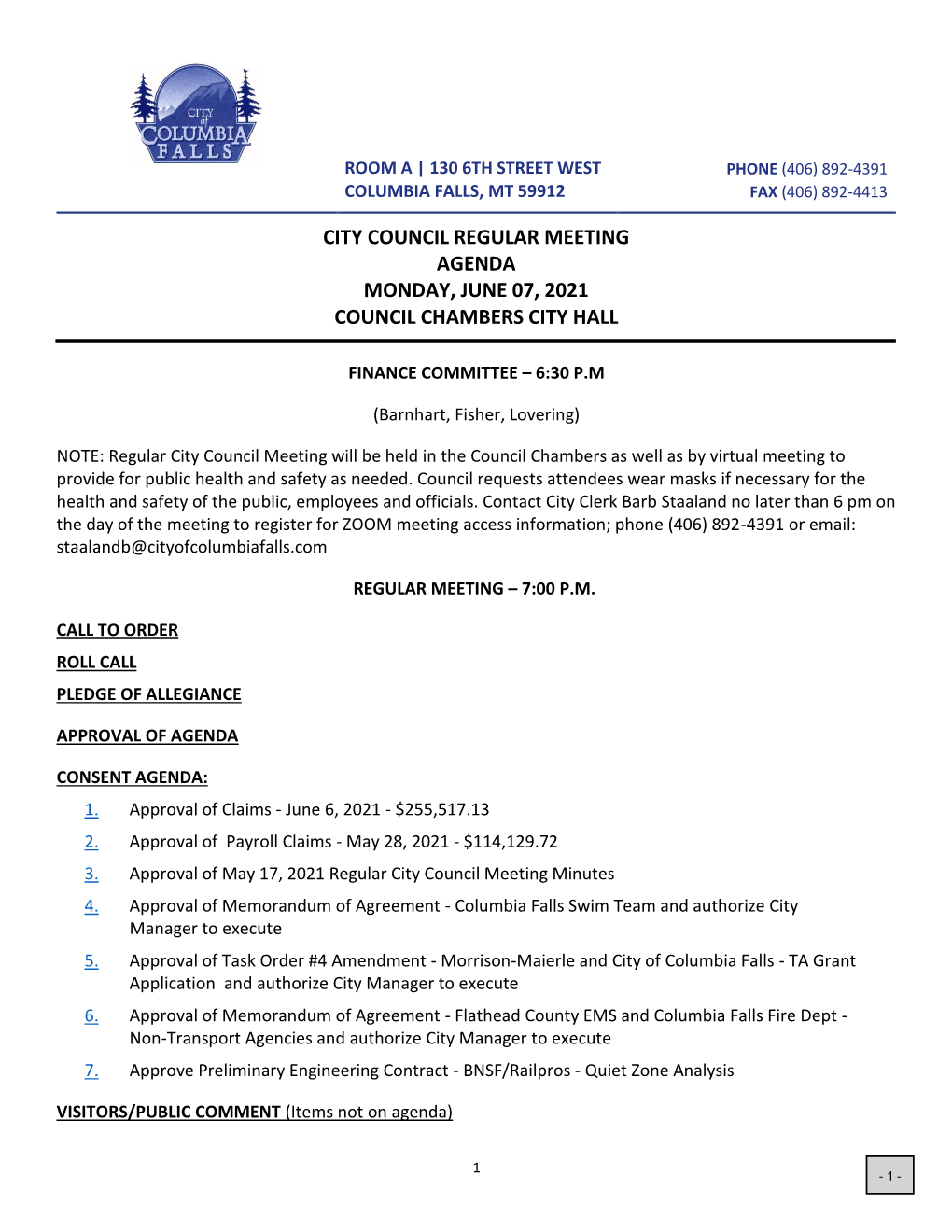 City Council Regular Meeting Agenda Monday, June 07, 2021 Council Chambers City Hall