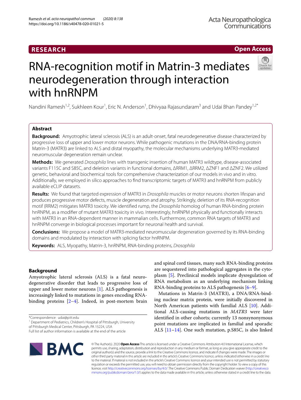 RNA-Recognition Motif in Matrin-3 Mediates Neurodegeneration