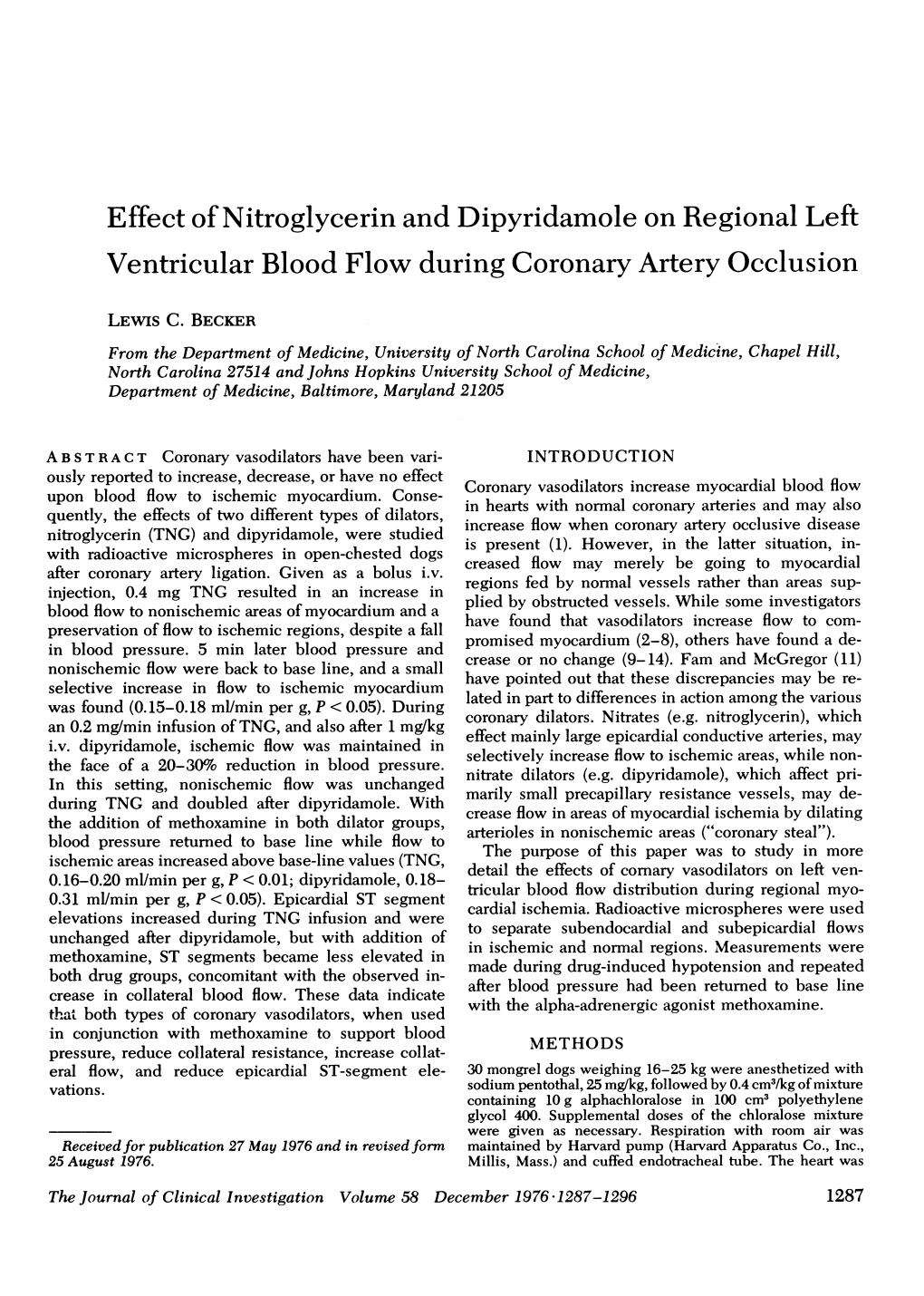 Effect of Nitroglycerin and Dipyridamole on Regional Left Ventricular Blood Flow During Coronary Artery Occlusion