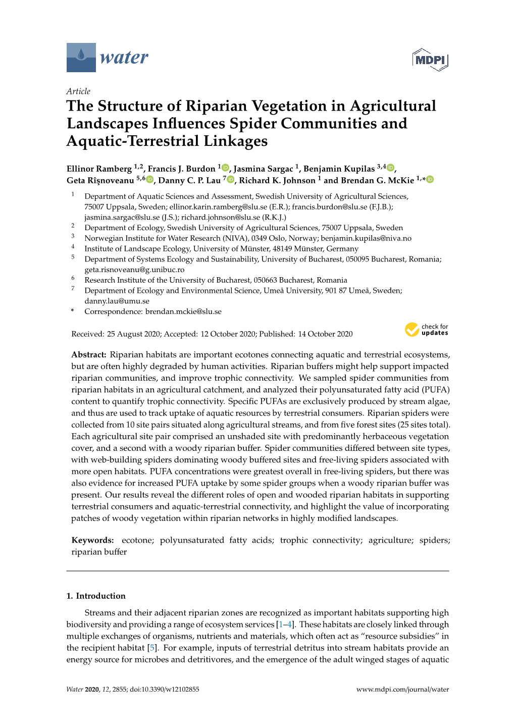 The Structure of Riparian Vegetation in Agricultural Landscapes Influences Spider Communities and Aquatic-Terrestrial Linkages