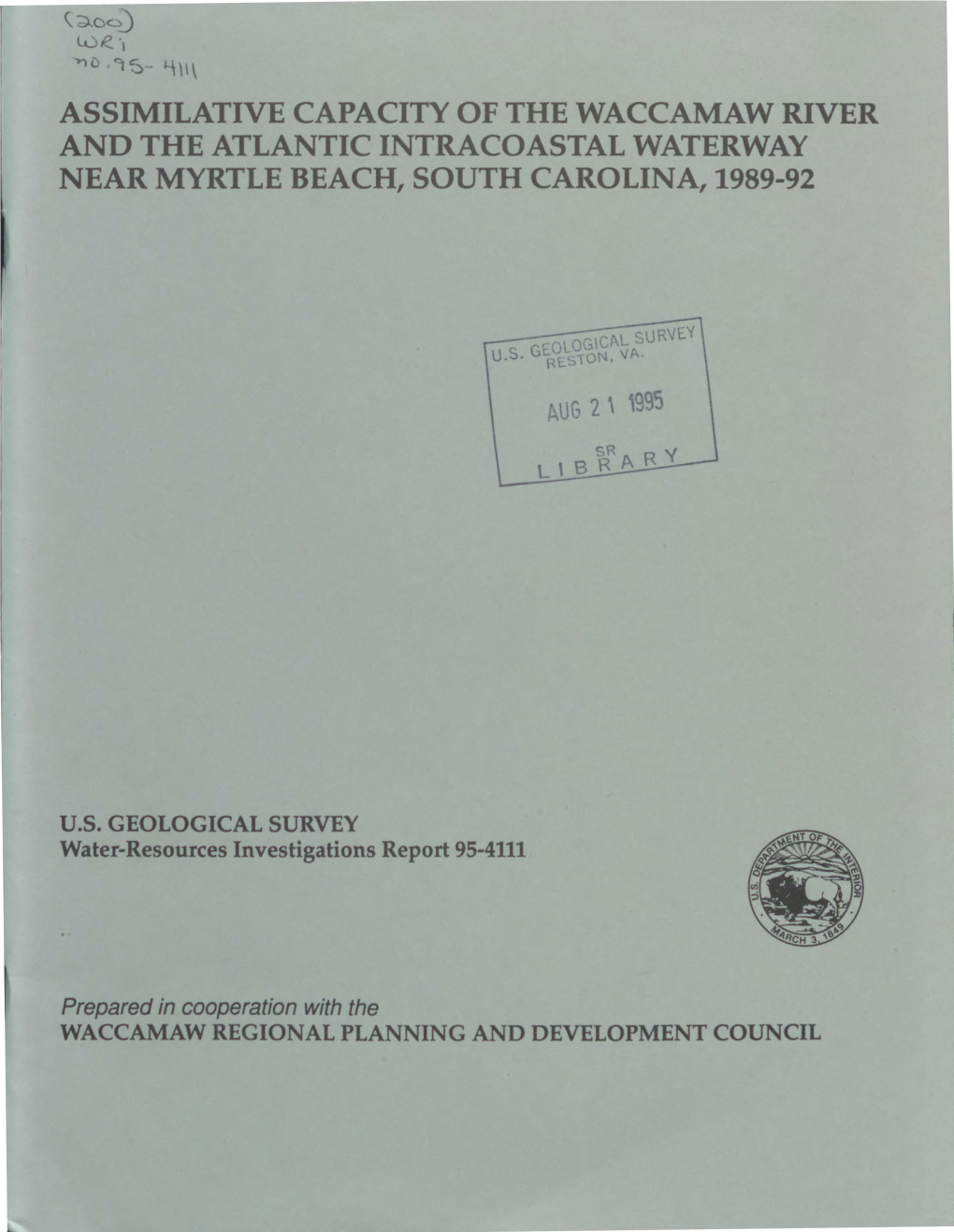 Assimilative Capacity of the Waccamaw River and the Atlantic Intracoastal Waterway Near Myrtle Beach, South Carolina, 1989-92