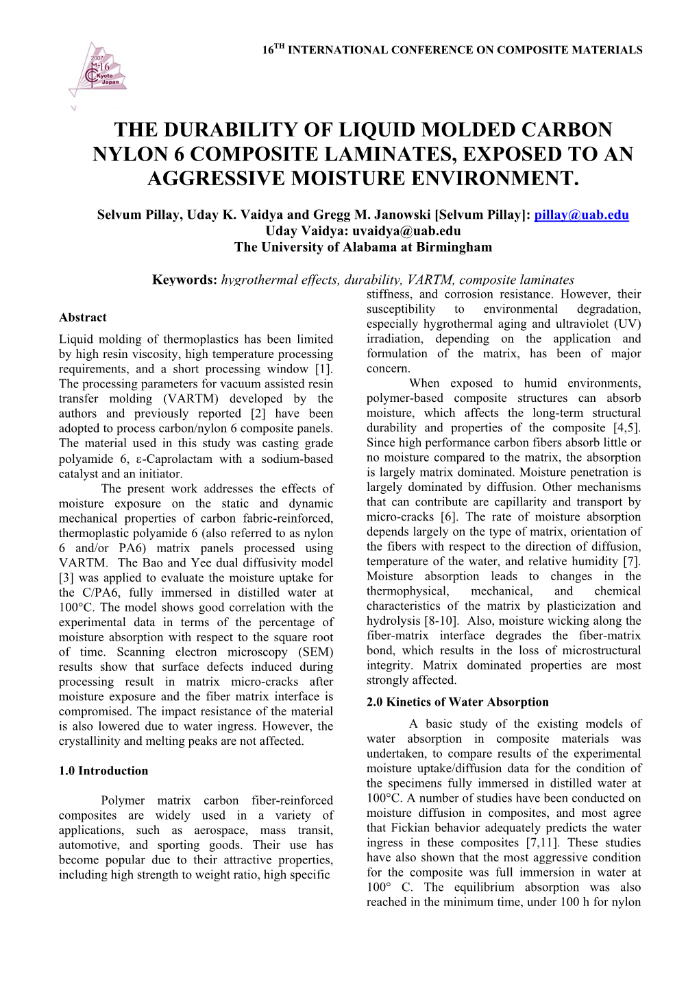 The Durability of Liquid Molded Carbon Nylon 6 Composite Laminates, Exposed to an Aggressive Moisture Environment