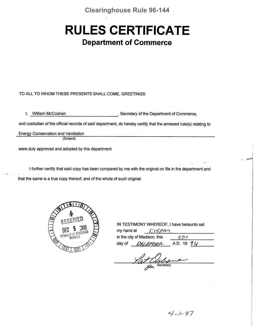 RULES CERTIFICATE Department of Commerce