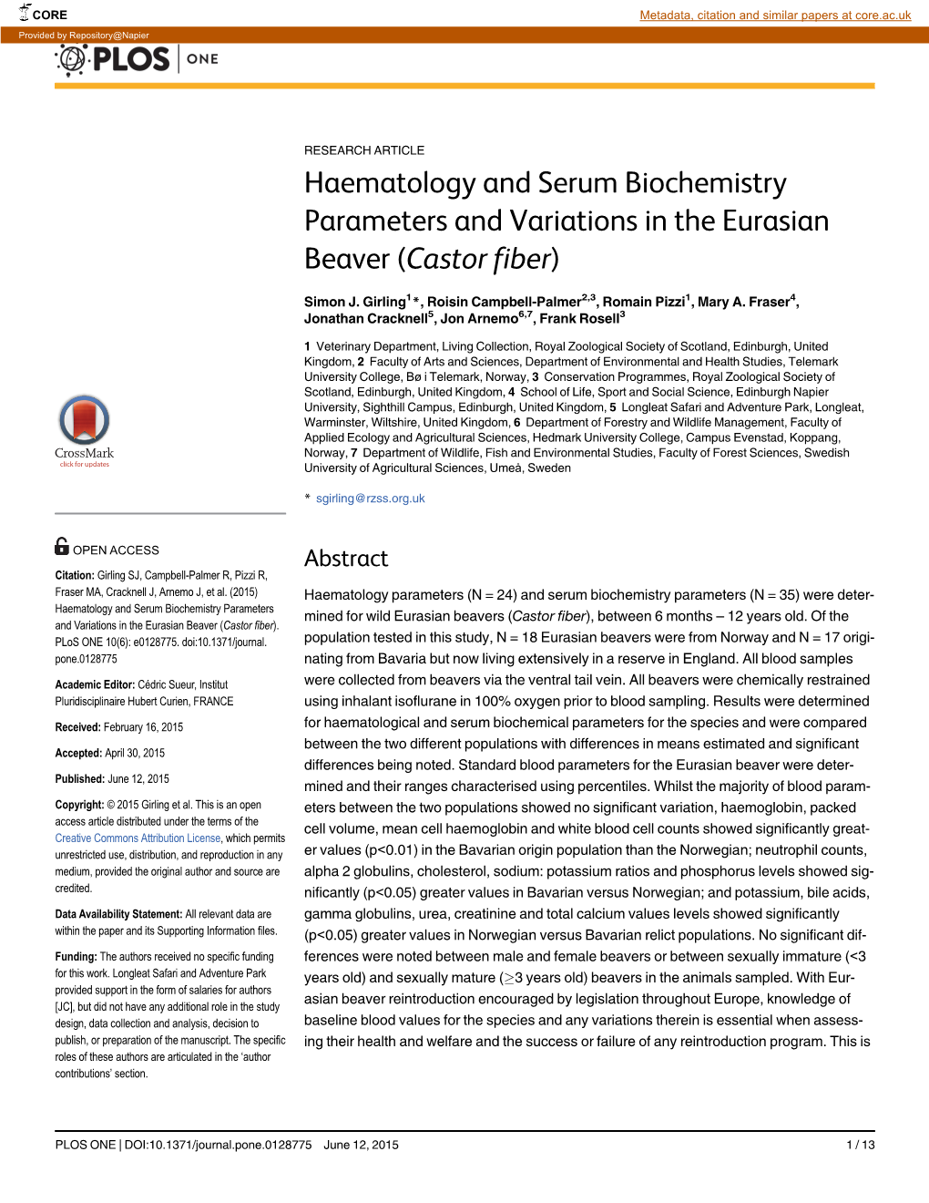 Haematology and Serum Biochemistry Parameters and Variations in the Eurasian Beaver (Castor Fiber)