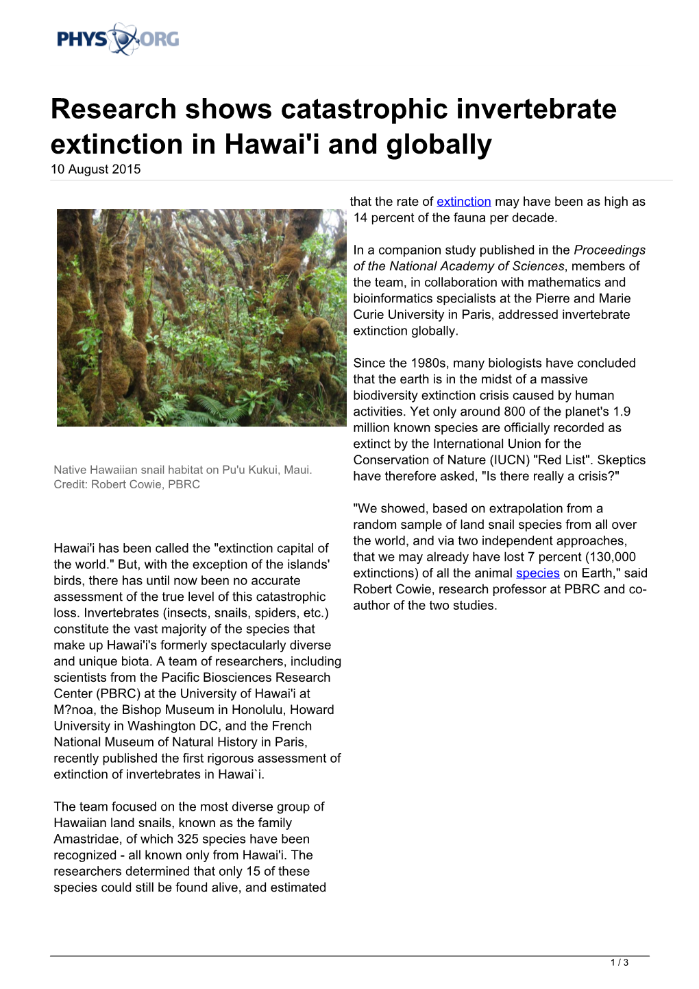 Research Shows Catastrophic Invertebrate Extinction in Hawai'i and Globally 10 August 2015