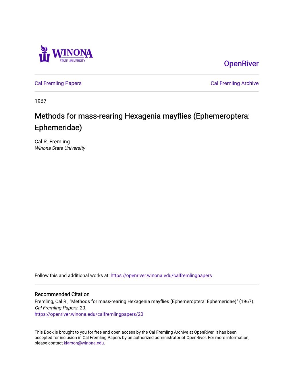 Methods for Mass-Rearing Hexagenia Mayflies (Ephemeroptera: Ephemeridae)