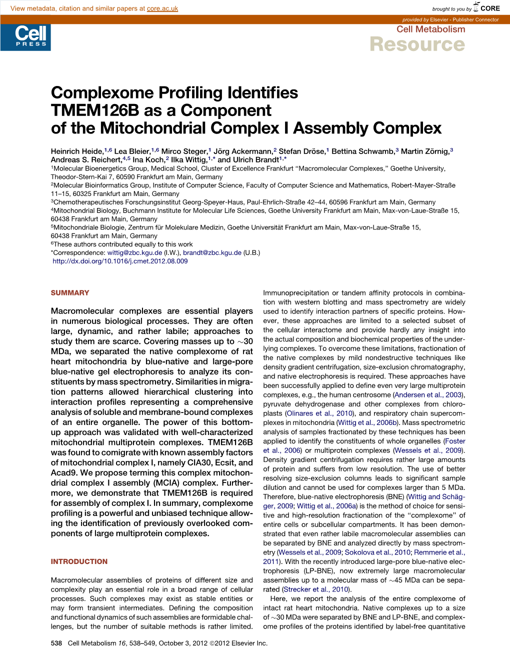 Complexome Profiling Identifies TMEM126B As a Component of The