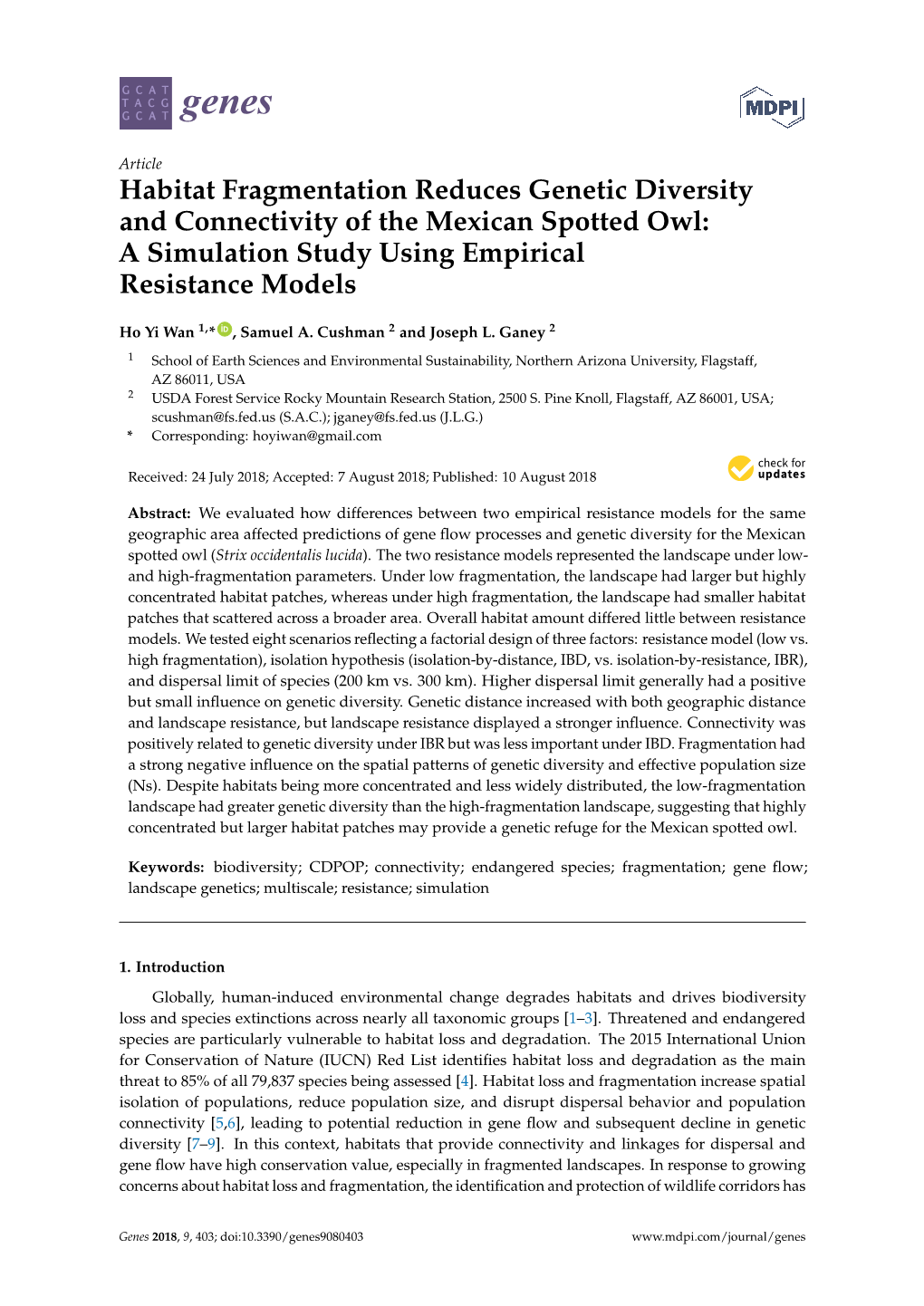 Habitat Fragmentation Reduces Genetic Diversity and Connectivity of the Mexican Spotted Owl: a Simulation Study Using Empirical Resistance Models