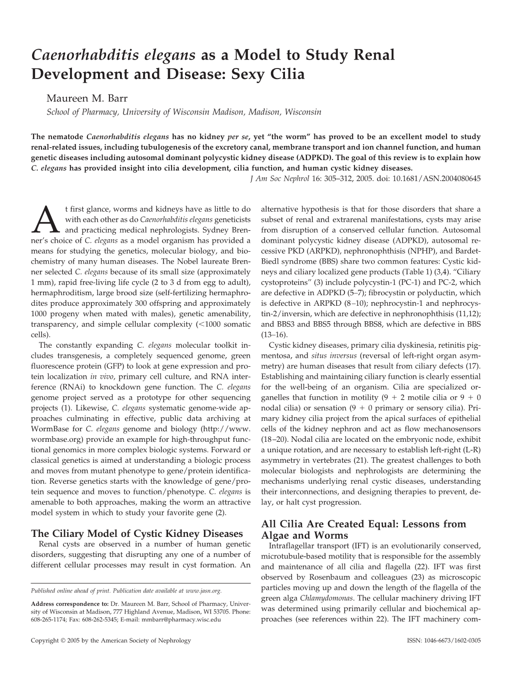 C. Elegans Has Provided Insight Into Cilia Development, Cilia Function, and Human Cystic Kidney Diseases